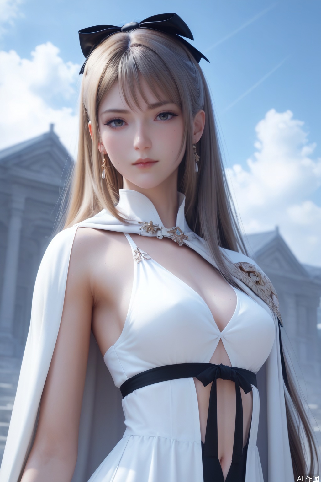 score_9_up,score_8_up,score_7_up,(Masterpiece, Best Quality, High Resolution, 8K Raw),absurdres, highres, Expressiveh,illustration,CG,
1girl, solo, long hair, brown hair, hair ornament, dress, white cape, upper body, sky, blue sky, white dress,black bow,clothing cutout,
