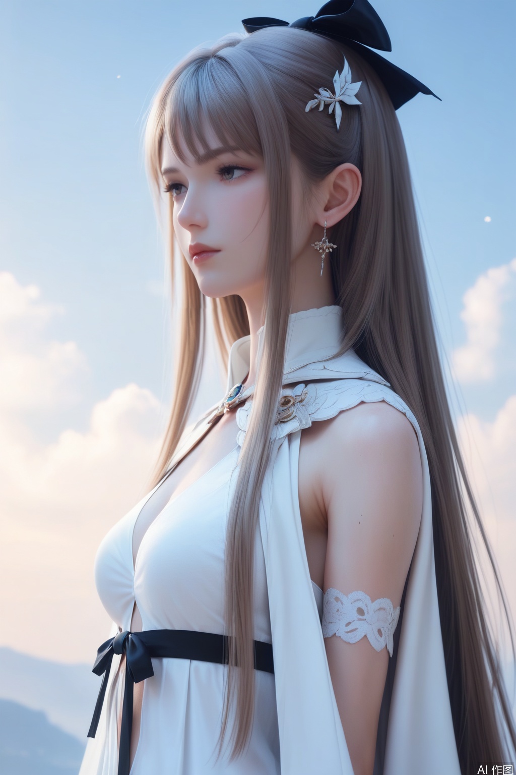 score_9_up,score_8_up,score_7_up,(Masterpiece, Best Quality, High Resolution, 8K Raw),absurdres, highres, Expressiveh,illustration,CG,
1girl, solo, long hair, brown hair, hair ornament, dress, white cape, upper body, sky, blue sky, white dress,black bow,clothing cutout,