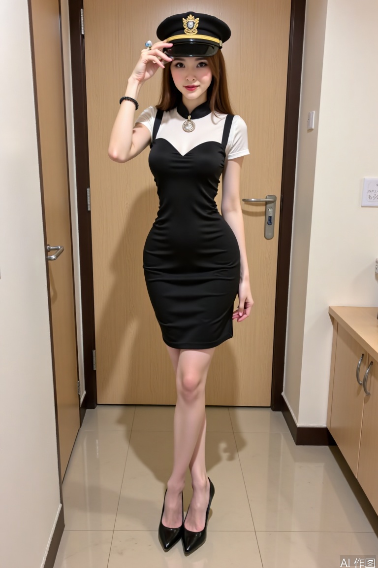  1 girl,upper body,Busty, crown,Police Cap long-legged, slender-waisted,looking at viewer,fullbody,in doors,standing,youlingniang,Suspender stockings,youlingniang,cheongsam