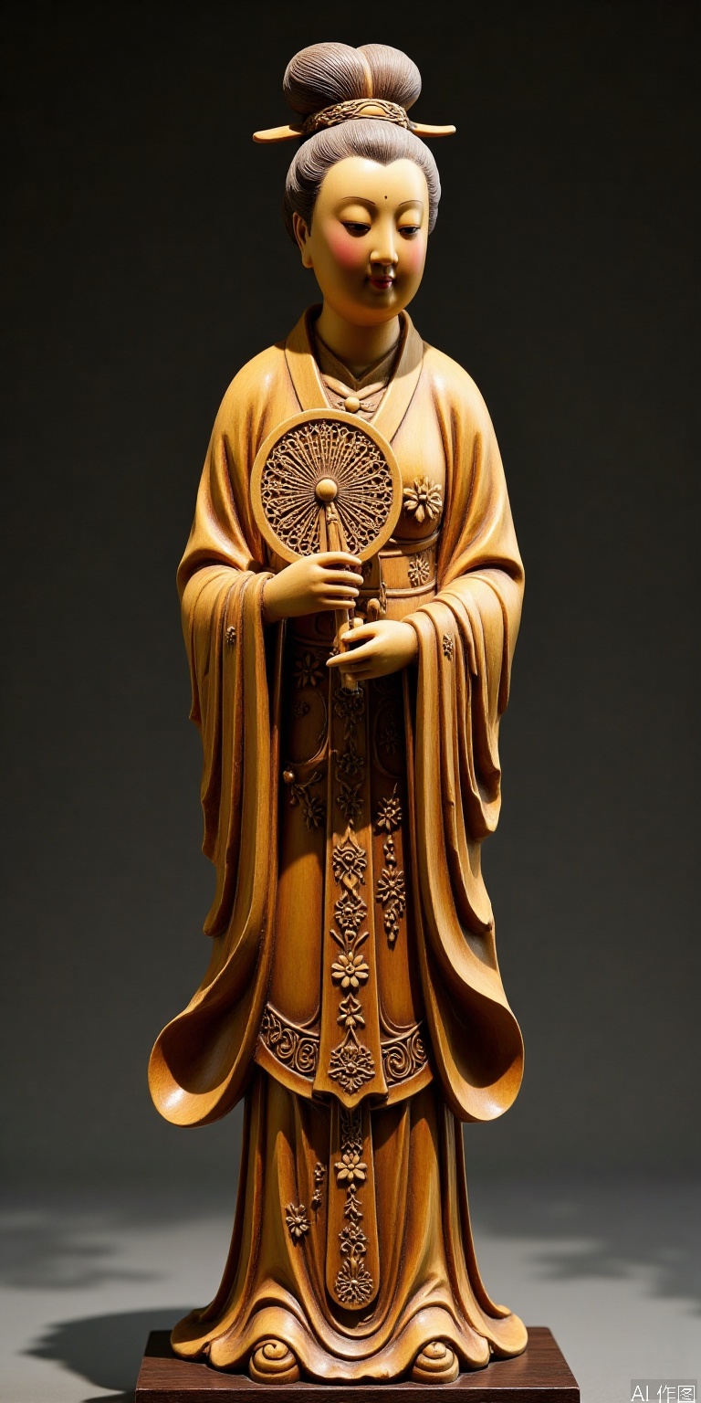 The Tang Dynasty's round sculptures painted standing statues of ladies, boxwood carved whole wood, high bun hanging hair with peony patterns, cladding and openworked clothes, holding a round fan half-covered, warm light projected from three sides to enhance the three-dimensional sculpture sense