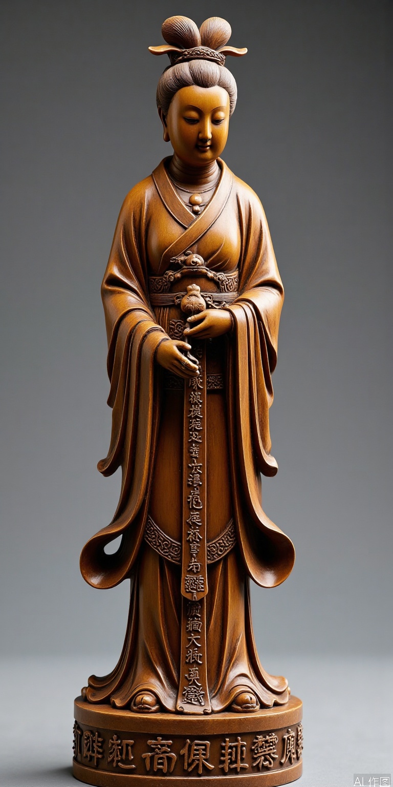 The round carving craftsmanship statue of the ladies, the folds of the sleeves are naturally and smooth, and the base is engraved with_Fu Shou and An Kang_Seal script, and the hand-chief marks are retained in part, and the warm and antique patina effect is