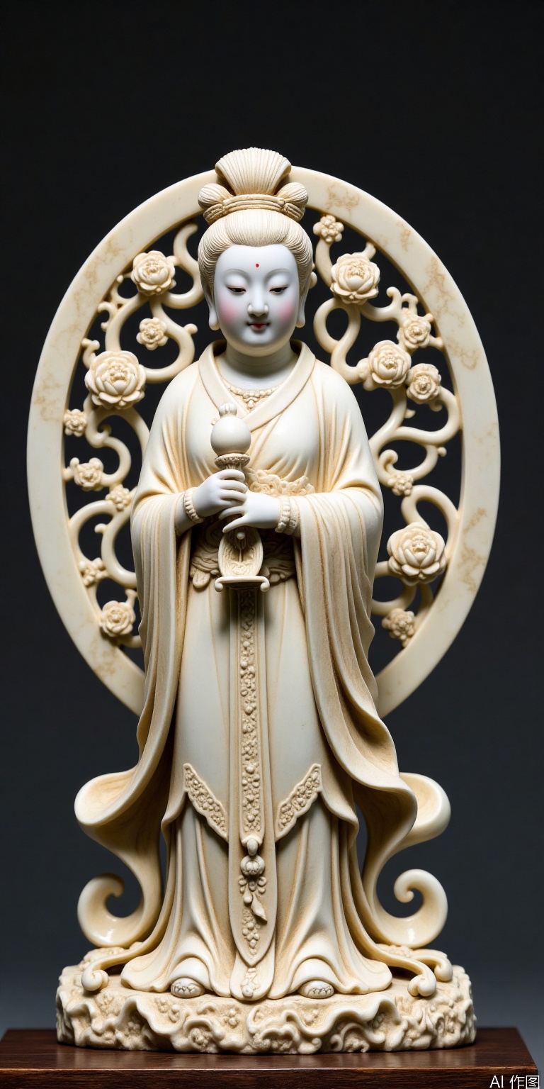 The white marble round carving of the lotus-holding ladies in the Song Dynasty, the cloud pattern is hollowed-in carving technique, the face is smudged and the natural texture of the stone is retained, the base is carved with sea water and river cliff patterns, and the museum-level ring-shaped fill light effect