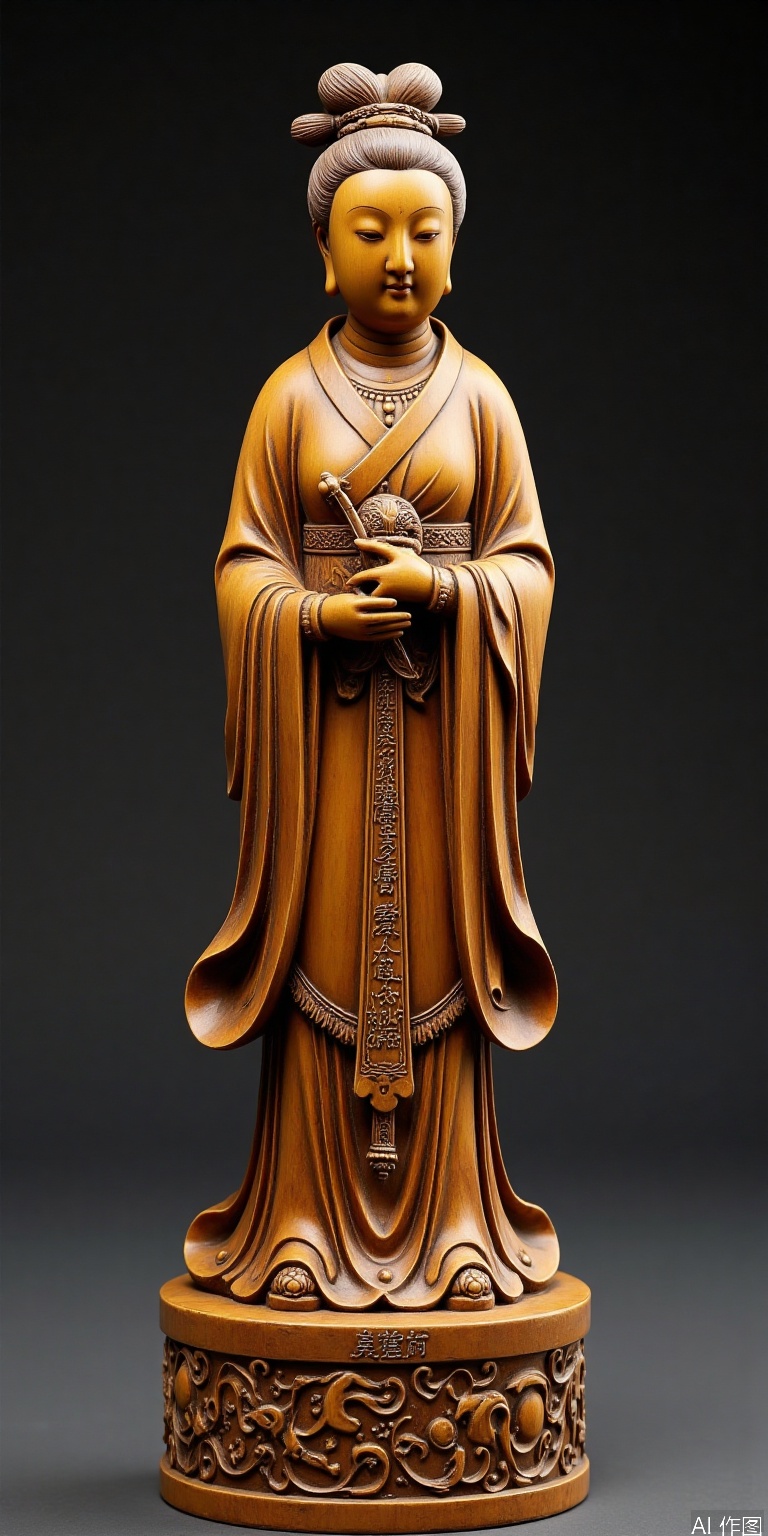 The round carving craftsmanship statue of the ladies, the folds of the sleeves are naturally and smooth, and the base is engraved with_Fu Shou and An Kang_Seal script, and the hand-chief marks are retained in part, and the warm and antique patina effect is