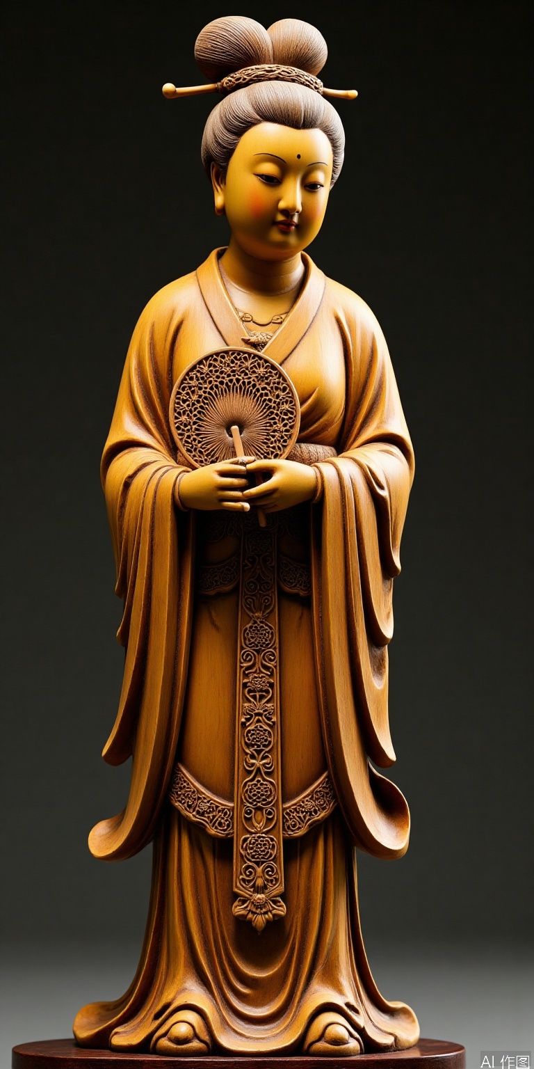 The Tang Dynasty's round sculptures painted standing statues of ladies, boxwood carved whole wood, high bun hanging hair with peony patterns, cladding and openworked clothes, holding a round fan half-covered, warm light projected from three sides to enhance the three-dimensional sculpture sense