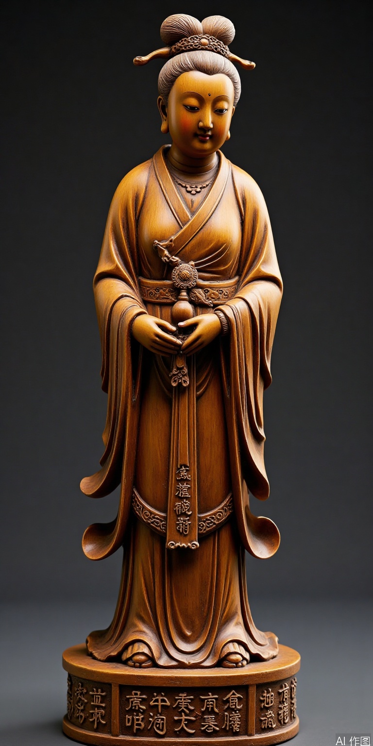 The round carving craftsmanship statue of the ladies, the folds of the sleeves are naturally and smooth, and the base is engraved with_Fu Shou and An Kang_Seal script, and the hand-chief marks are retained in part, and the warm and antique patina effect is