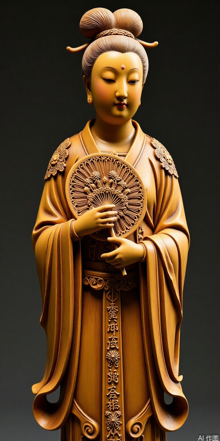 The Tang Dynasty's round sculptures painted standing statues of ladies, boxwood carved whole wood, high bun hanging hair with peony patterns, cladding and openworked clothes, holding a round fan half-covered, warm light projected from three sides to enhance the three-dimensional sculpture sense