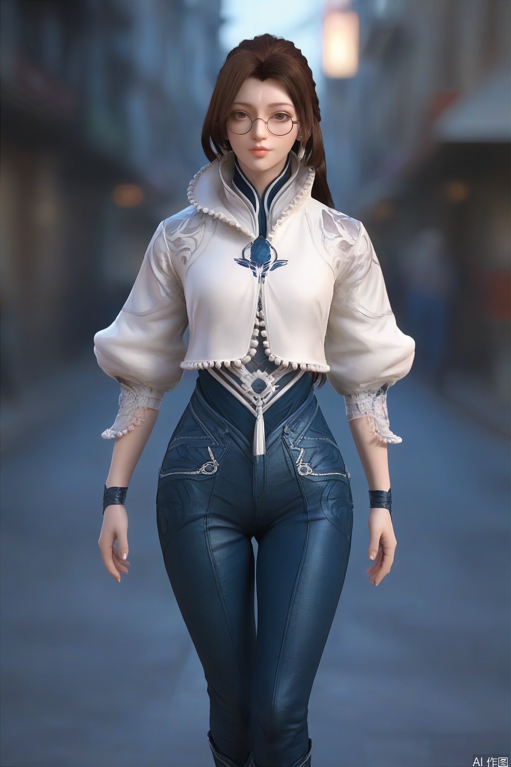 score_9_up,score_8_up,1girl, solo, looking at viewer, long hair, brown hair, white jacket, brown eyes, jewelry, Bustling street,standing, earrings, boots, glasses, pants, lips, denim, zipper, jeans,YanYi,