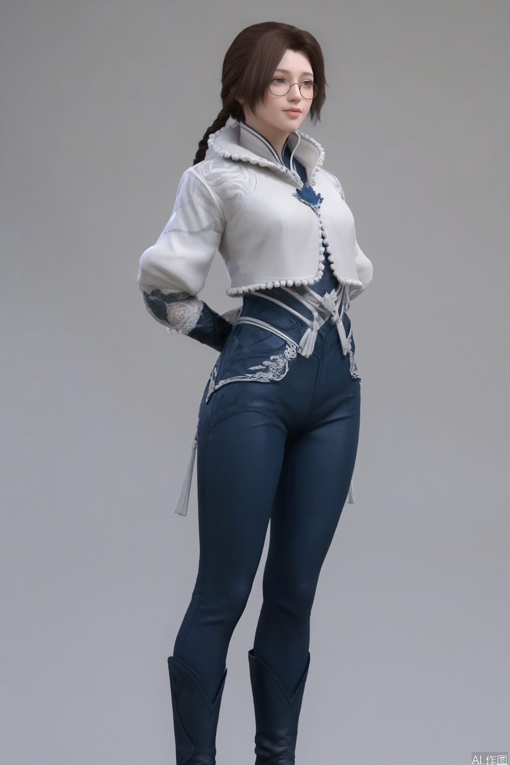 score_9_up,score_8_up,1girl, solo, short hair, brown hair, gloves, standing, jacket, glasses, black gloves, pants, fur trim, denim, white cropped jacket, jeans, realistic,YanYi,arms behind back,learning forward,very long braided ponytail,boots