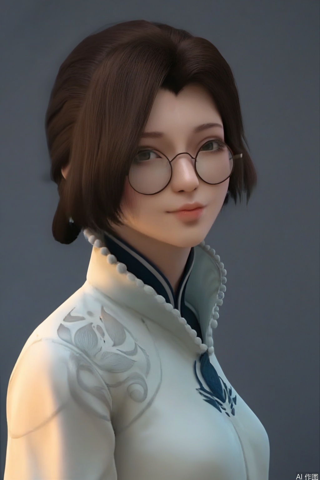 score_9_up,score_8_up,1girl, solo, looking at viewer, short hair, brown hair, upper body, glasses, lips, realistic, round eyewear,YanYi,