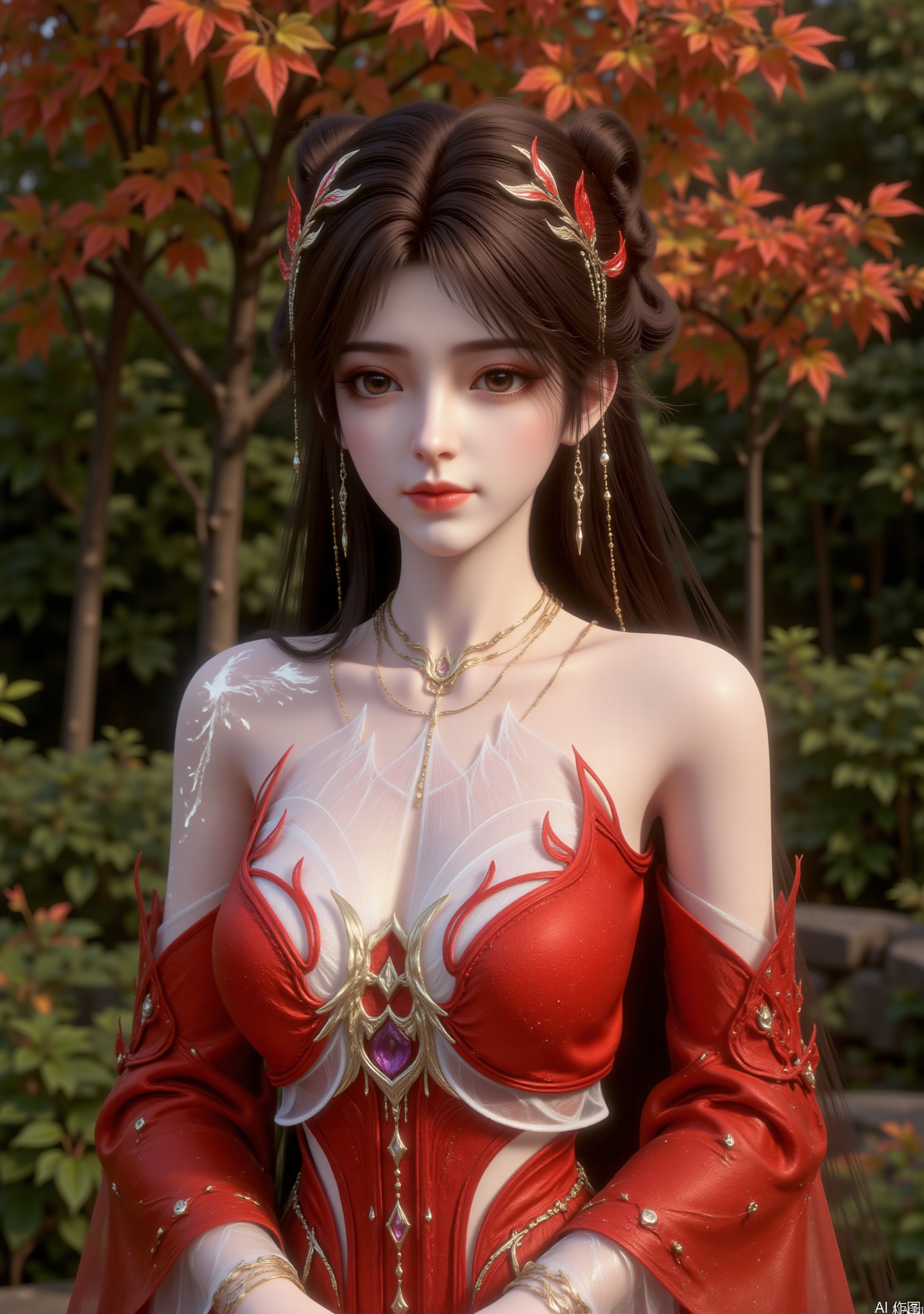 zichu-TS-huolinger
The image depicts a character with long
dark hair adorned with golden and red accessories
including a headpiece with red leaves and dangling chains. The character is dressed in an elaborate red and white outfit with intricate designs
including a prominent gemstone on the chest. The background consists of a natural setting with green foliage and autumn-colored leaves
suggesting a forest or park environment. The overall aesthetic is fantasy-themed
with a focus on detailed and ornate clothing and accessories.

