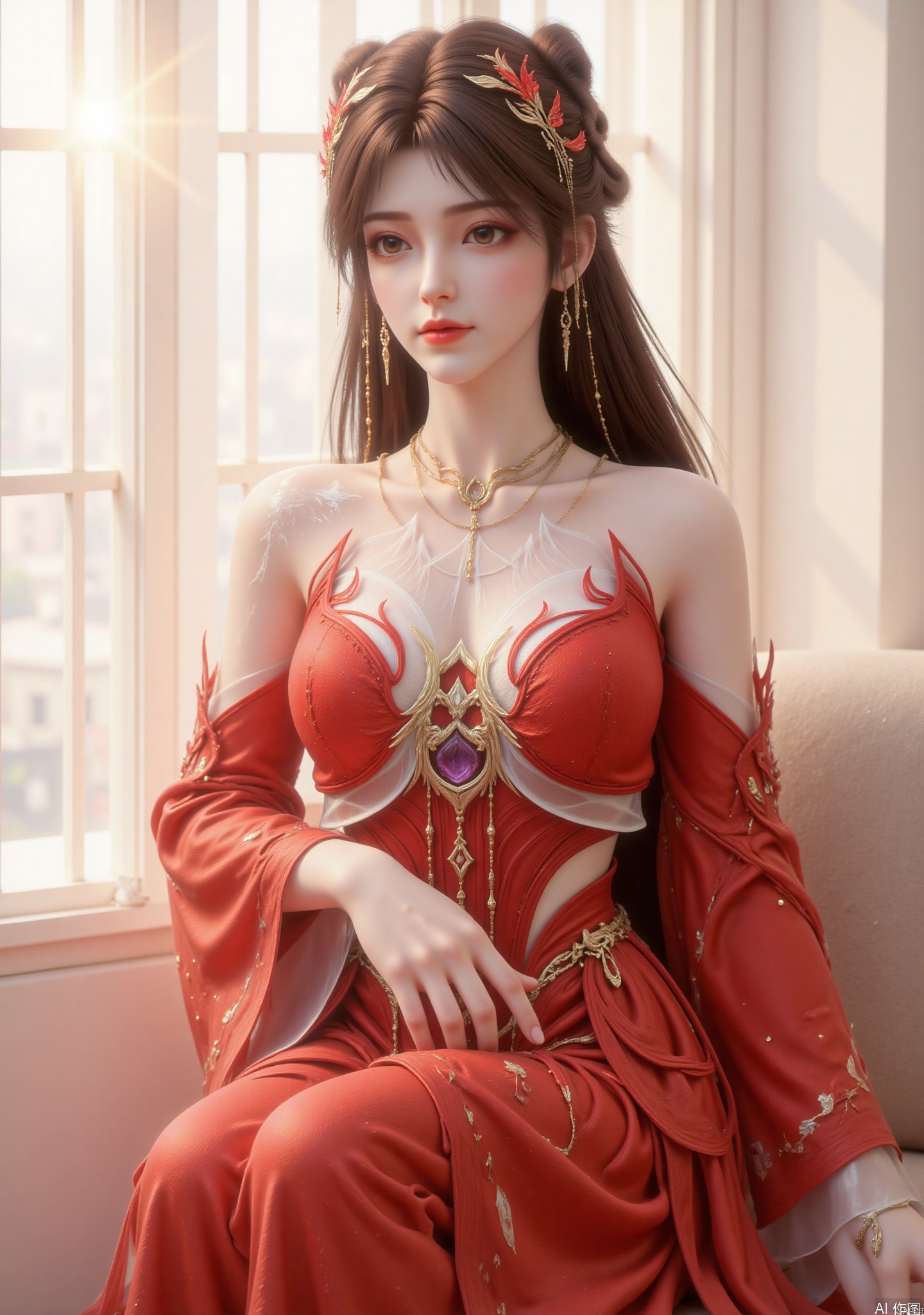 zichu-TS-huolinger,"This image depics a woman with long brown hair, flowing hair, decorated with golden accessories, and an elegant and noble overall appearance
She wore a red and gold outfit that seemed inspired by traditional or fantasy outfits. The outfit has gorgeous patterns and decorations, including golden embellishments and a large central gem on the chest."

The woman sat by the window, with a gentle white window screen in the background, and the sun shone through the window, creating a warm and slightly lazy atmosphere.