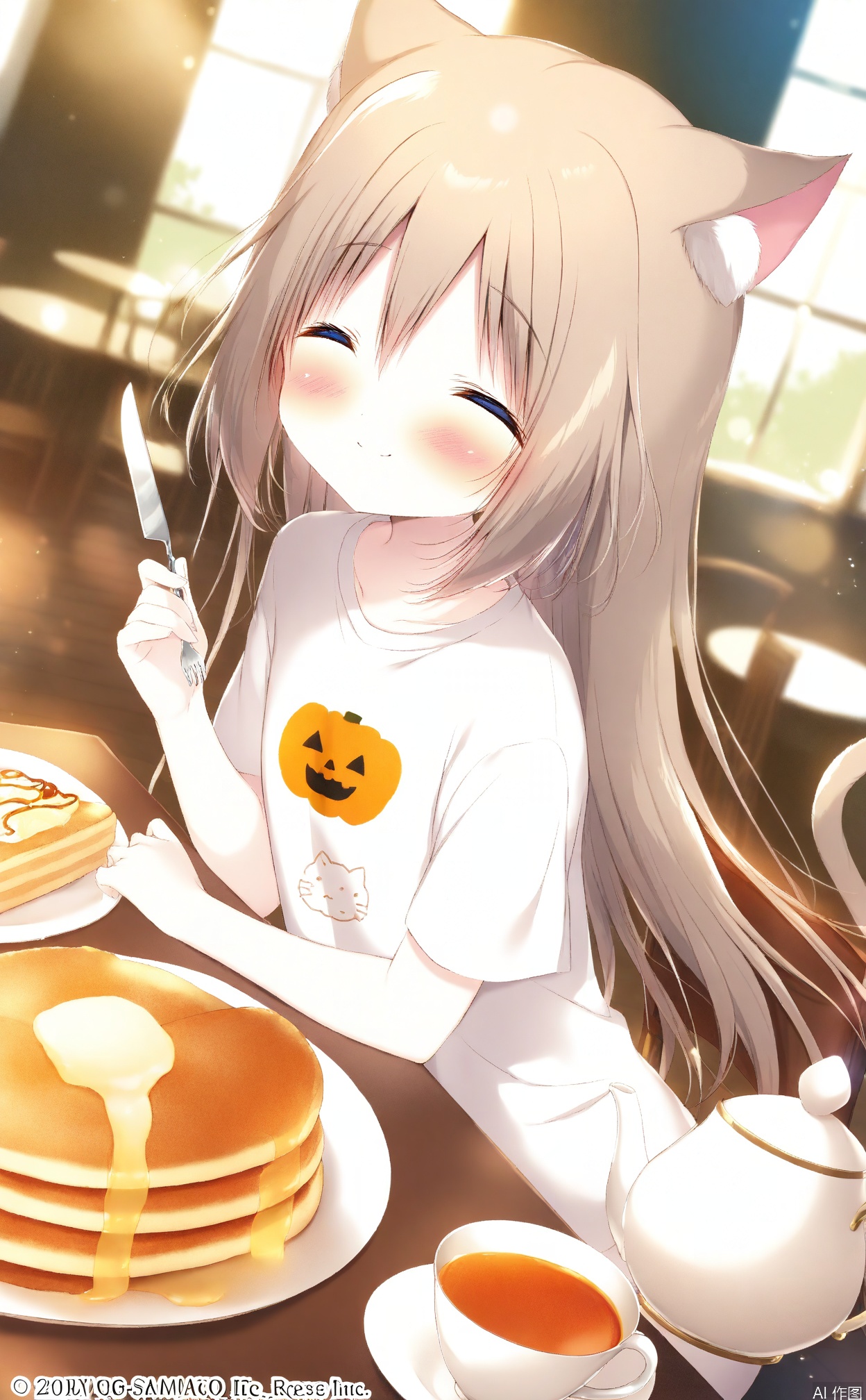 shiratama_(shiratamaco),1girl,animal_ear_fluff,animal_ears,blurry,blurry_background,blush,brown_hair,cat_ears,cat_girl,cat_tail,chair,closed_eyes,closed_mouth,commentary,cup,day,depth_of_field,dutch_angle,facing_viewer,food,fork,hair_between_eyes,holding,holding_fork,holding_knife,indoors,knife,long_hair,original,pancake,pancake_stack,print_shirt,pumpkin_print,shiratama_\(shiratamaco\),shirt,smile,solo,sunlight,symbol-only_commentary,table,tail,teacup,teapot,very_long_hair,watermark,white_shirt,wooden_floorte_shirt, wooden_floor
