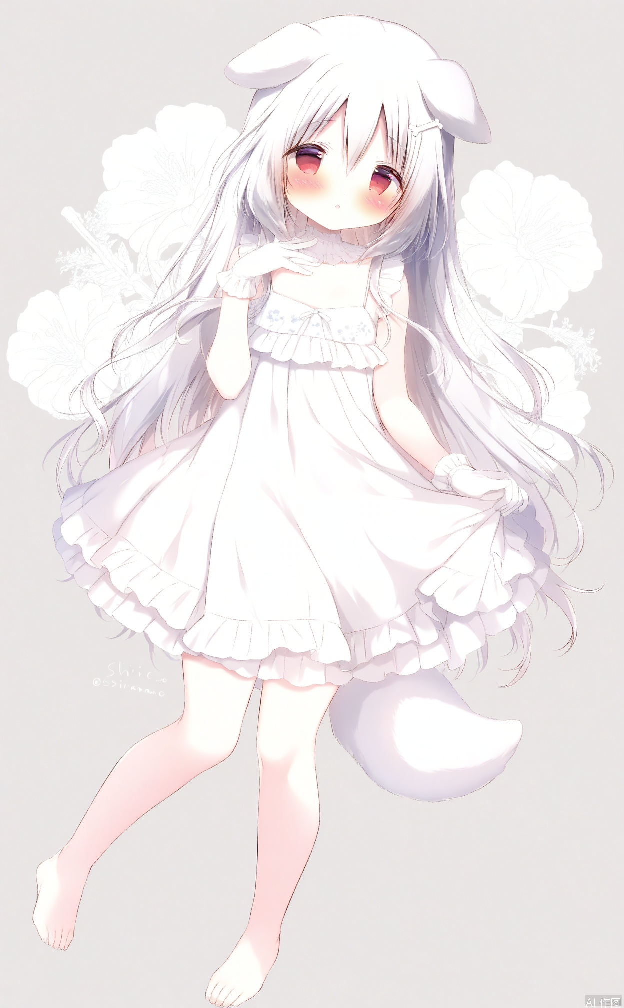 shiratama_(shiratamaco),1girl,:o,albino,animal_ears,bare_shoulders,barefoot,blush,bone_hair_ornament,cartoon_bone,commentary,dog_ears,dog_girl,dog_tail,dress,floral_background,frilled_dress,frilled_gloves,frills,gloves,grey_background,grey_hair,hair_between_eyes,hair_ornament,hand_up,highres,long_hair,original,parted_lips,red_eyes,shiratama_\(shiratamaco\),sleeveless,sleeveless_dress,solo,symbol-only_commentary,tail,twitter_username,very_long_hair,white_dress,white_gloves, white_gloves