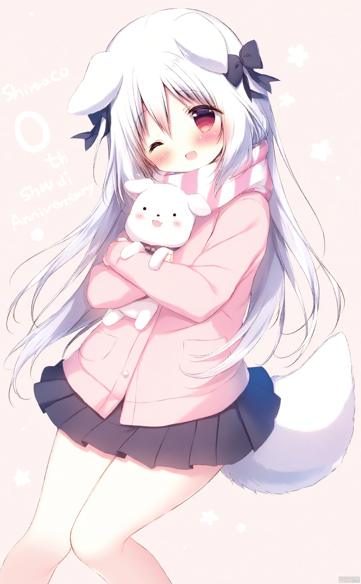 shiratama_(shiratamaco),1girl,;d,animal_ears,anniversary,artist_name,black_bow,blush,bow,circle_name,commentary_request,dog_ears,dog_girl,dog_tail,hair_between_eyes,hair_bow,head_tilt,long_hair,looking_at_viewer,multicolored_scarf,one_eye_closed,open_mouth,original,pleated_skirt,red_eyes,scarf,shiratama_\(shiratamaco\),shiroi_inu,simple_background,skirt,smile,solo,striped_clothes,striped_scarf,stuffed_animal,stuffed_toy,tail,white_bow,white_hairw, white_hair