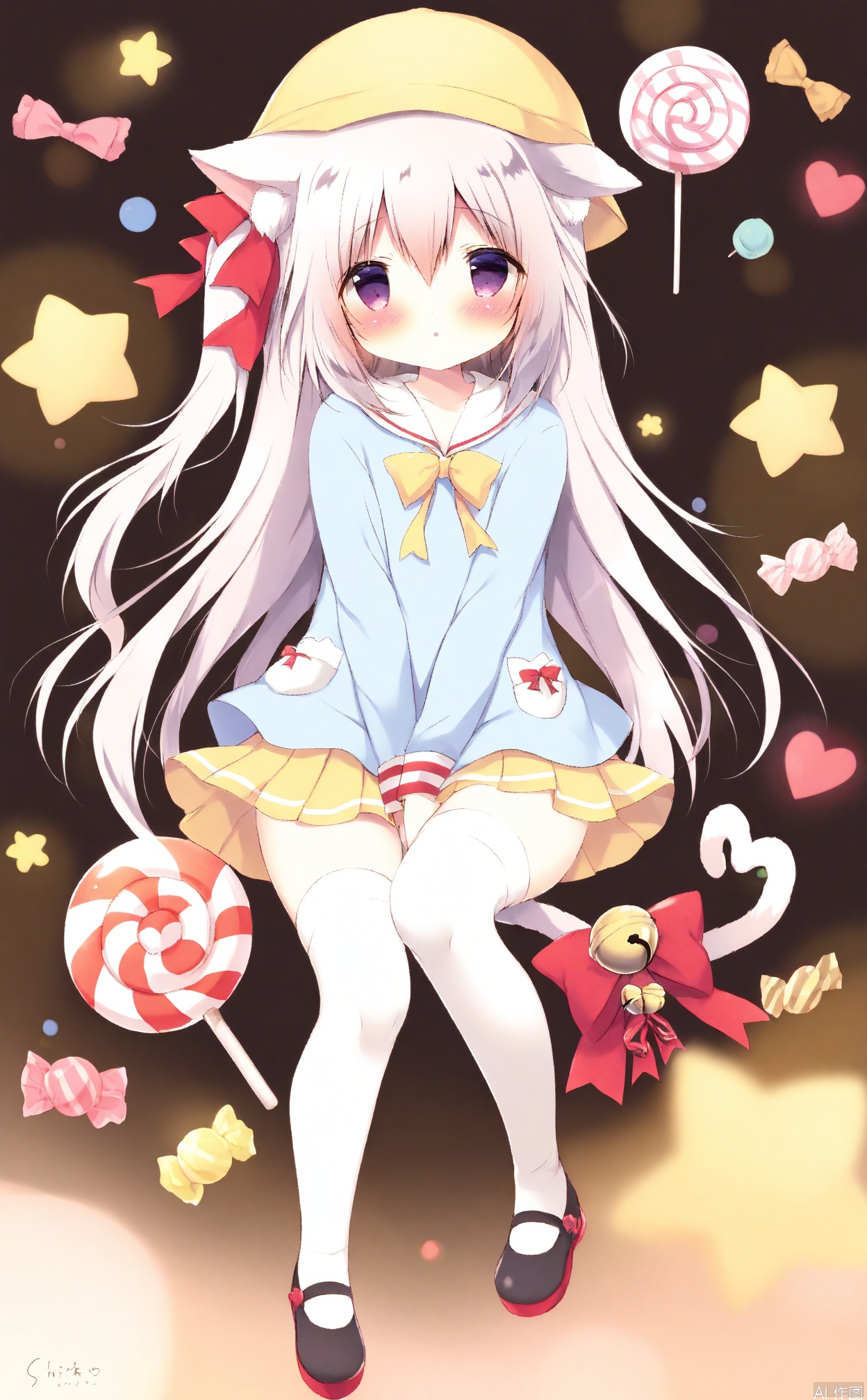 shiratama_(shiratamaco),1girl,animal_ears,artist_name,azur_lane,bell,between_legs,black_shoes,blue_bow,blue_shirt,blush,bow,candy,candy_wrapper,cat_ears,cat_girl,cat_tail,commentary_request,cookie,ears_through_headwear,food,hair_ribbon,hat,heart,heart_tail,jingle_bell,kindergarten_uniform,kisaragi_\(azur_lane\),lollipop,long_hair,long_sleeves,looking_at_viewer,mary_janes,one_side_up,parted_lips,pink_hair,pleated_skirt,purple_eyes,red_bow,red_ribbon,ribbon,school_hat,shiratama_\(shiratamaco\),shirt,shoes,skirt,solo,star_\(symbol\),swirl_lollipop,tail,tail_bell,tail_between_legs,tail_bow,tail_ornament,thighhighs,very_long_hair,white_thighhighs,wrapped_candy,yellow_hat,yellow_skirted_candy, yellow_hat, yellow_skirt