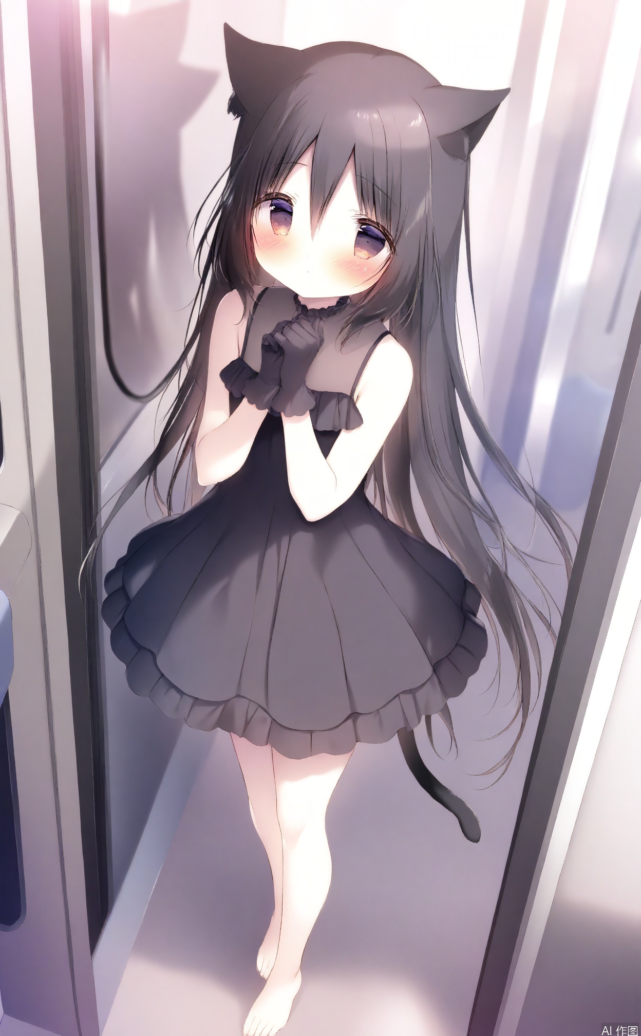 shiratama_(shiratamaco),1girl,animal_ears,bare_shoulders,barefoot,black_dress,black_gloves,black_hair,blush,brown_eyes,cat_ears,cat_girl,cat_tail,closed_mouth,commentary_request,dress,frilled_dress,frills,from_above,gloves,hair_between_eyes,hoshizora_tetsudou_to_shiro_no_tabi,long_hair,looking_at_viewer,looking_up,noir_\(hoshishiro\),reflection,shiratama_\(shiratamaco\),sleeveless,sleeveless_dress,solo,standing,tail,train,very_long_hair,waterair, water
