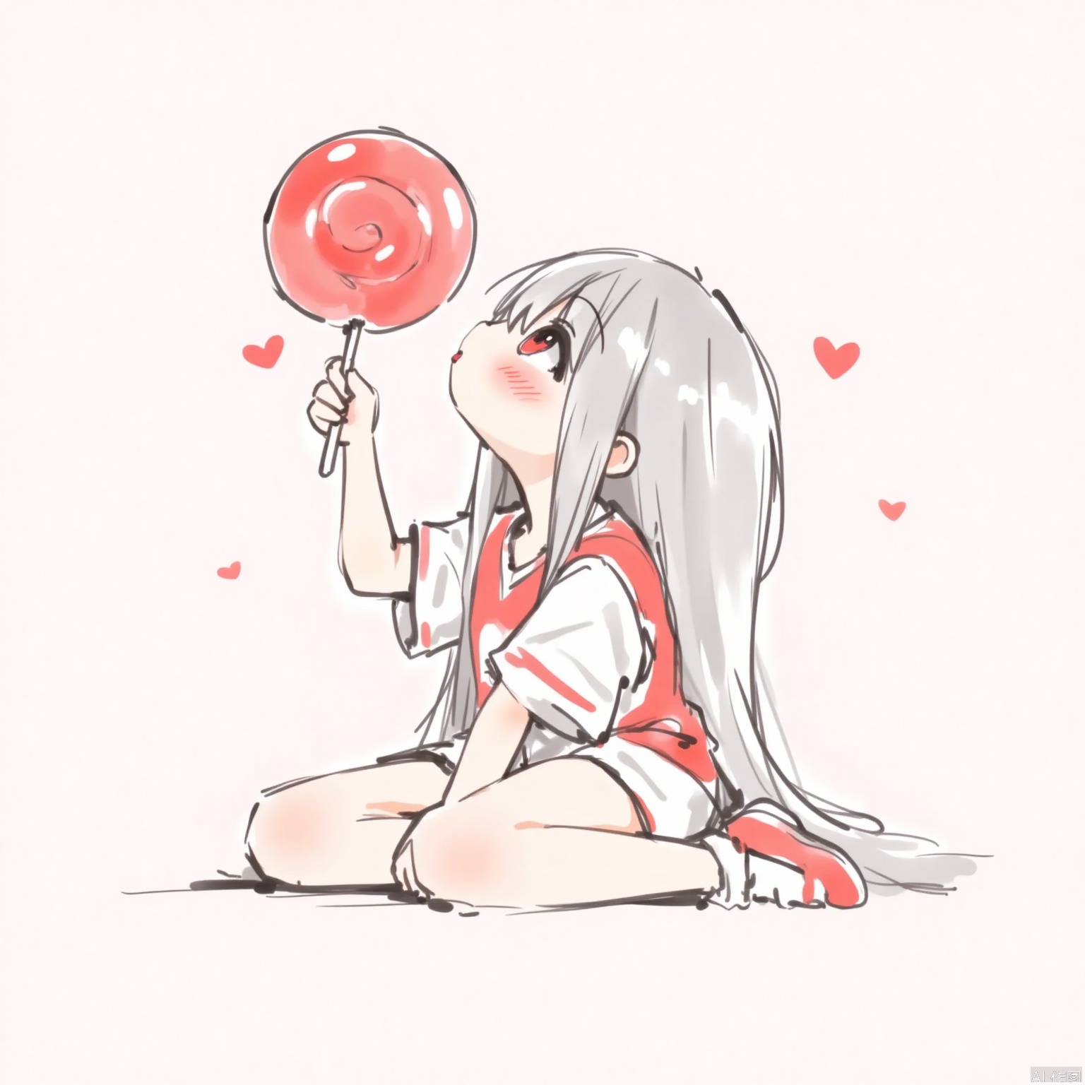 A cartoon girl with long gray hair, dressed in red and white clothes, sitting cross legged on the ground. Her eyes were bright, her cheeks flushed, and she held a huge lollipop in her hand. The girl looked up at the lollipop, her eyes full of love, and the two heart symbols next to her added a sweet and warm atmosphere to the picture.
