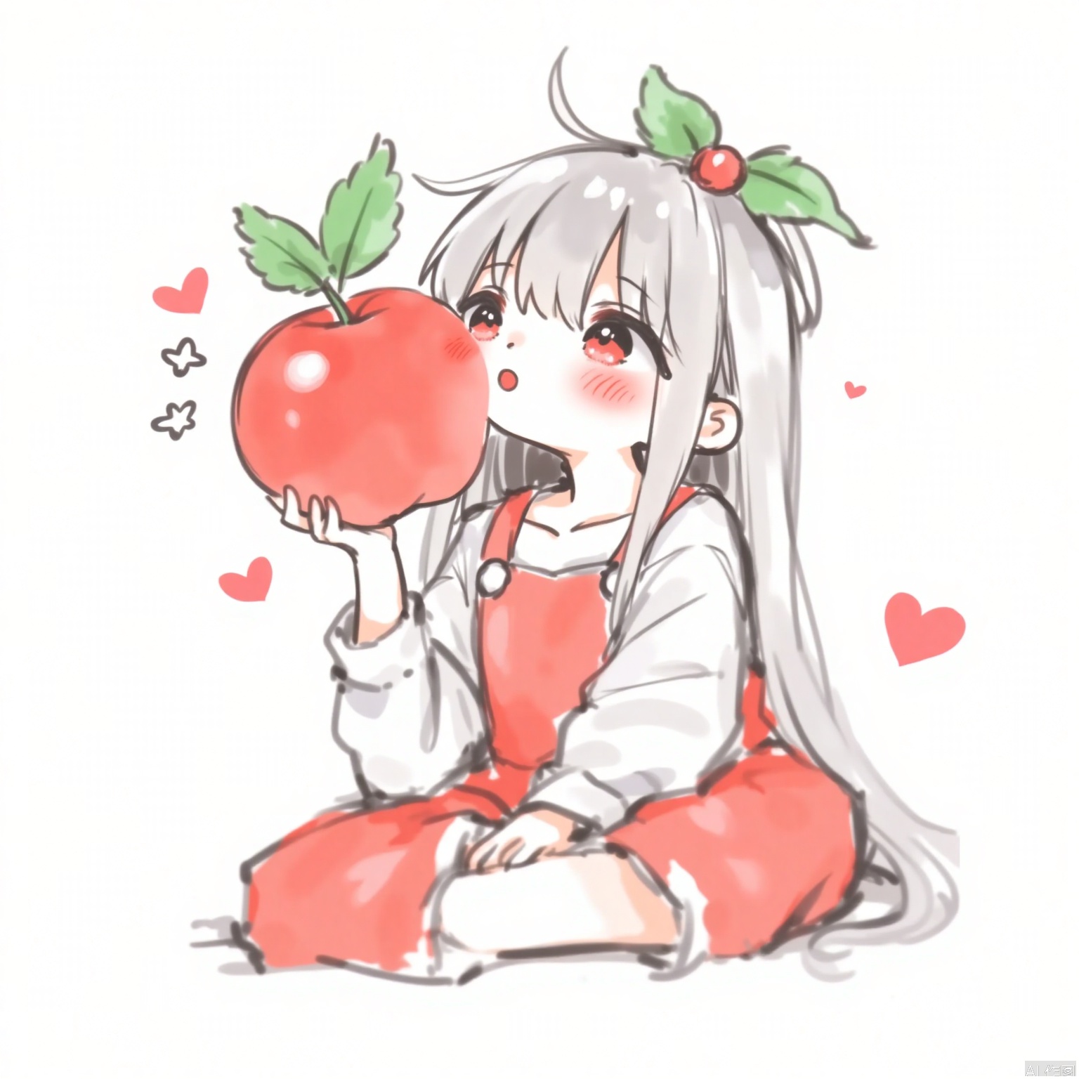 A cartoon girl with long gray hair, dressed in red and white clothes, sitting cross legged on the ground. Her eyes were bright, her cheeks flushed, and she held a large and bright apple in her hand, with lush green leaves at the top of the apple. The girl looked up at the apple, her eyes full of love, and the two heart symbols next to her added a sweet and warm atmosphere to the picture.