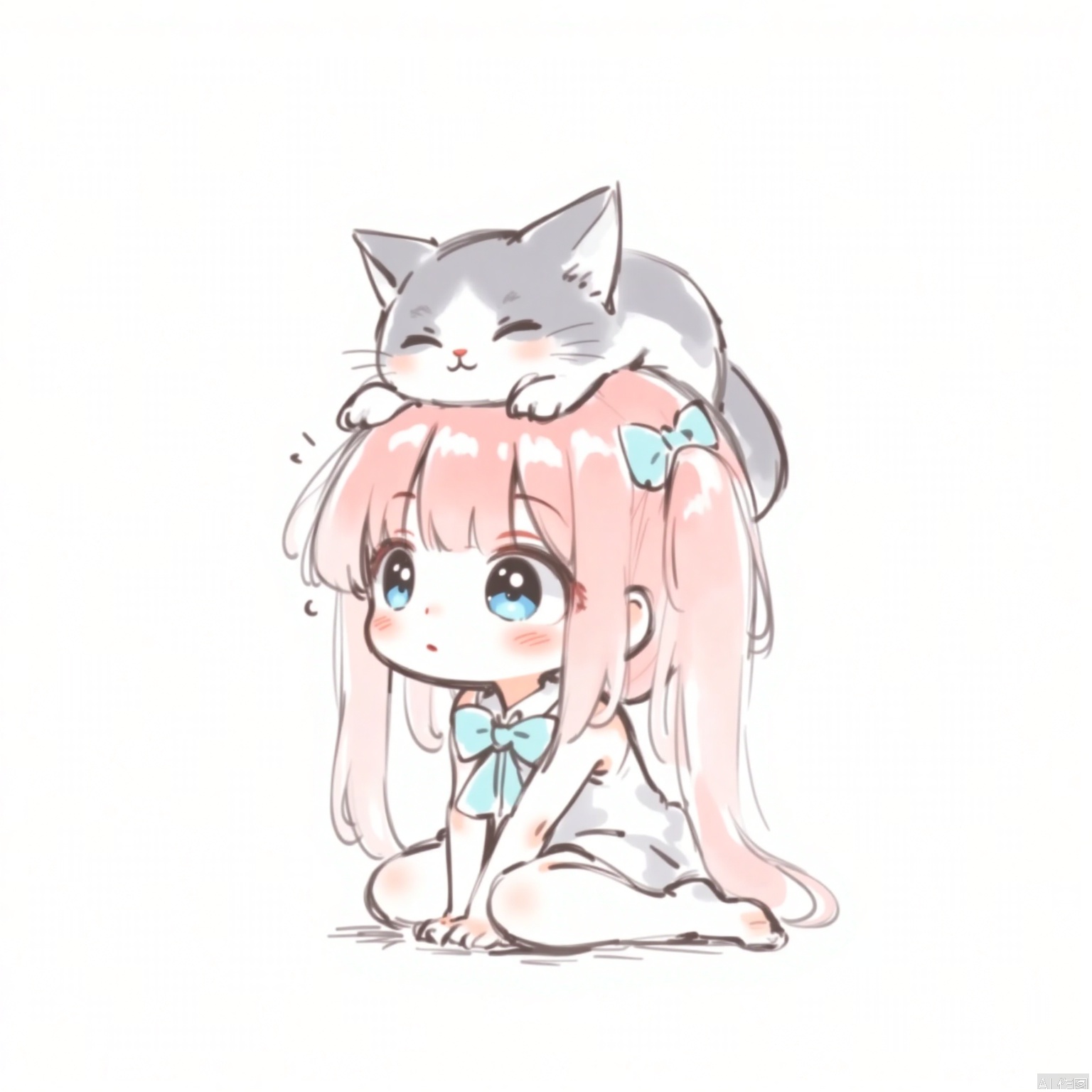 This is an anime style illustration depicting a cute girl with pink hair, blue eyes, and a light blue bow tied between her hair. Above her head lies a gray and white cat. Sitting on the ground. White background. Simple background.