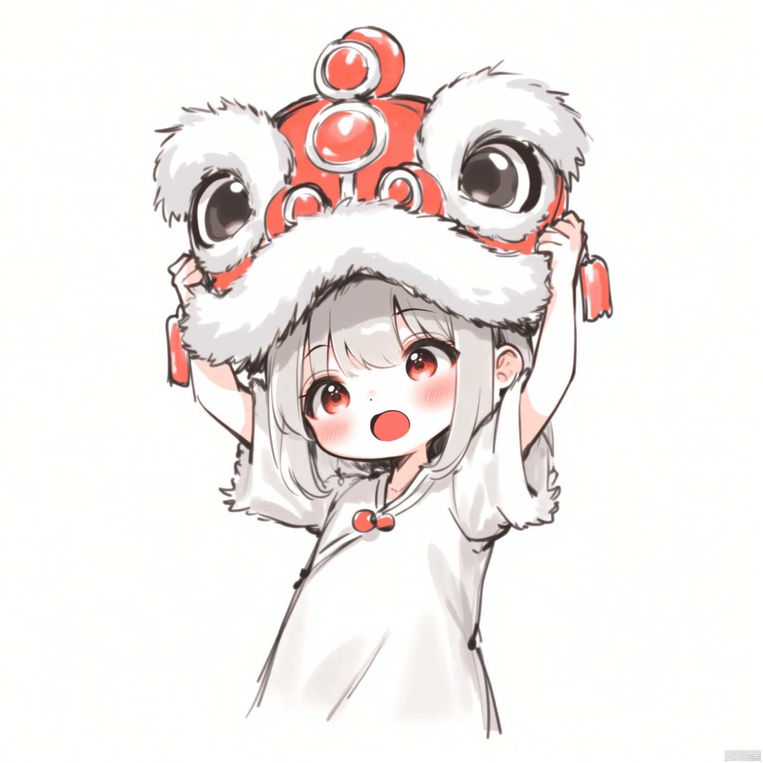 Anime style. A cute girl dressed in traditional Chinese clothing, with white as the main color and a red buckle embellished on the collar. She has short light gray hair, neat bangs, and a pair of round big eyes full of surprise. At this moment, the girl raised her hands high, holding onto a lion dance headgear. The headgear was mainly white, decorated with red parts, with a cute and silly appearance, and her eyes were big and round. The girl opened her mouth, as if excited by the lion's head dance, and the scene was filled with a cheerful and lively atmosphere. White background.