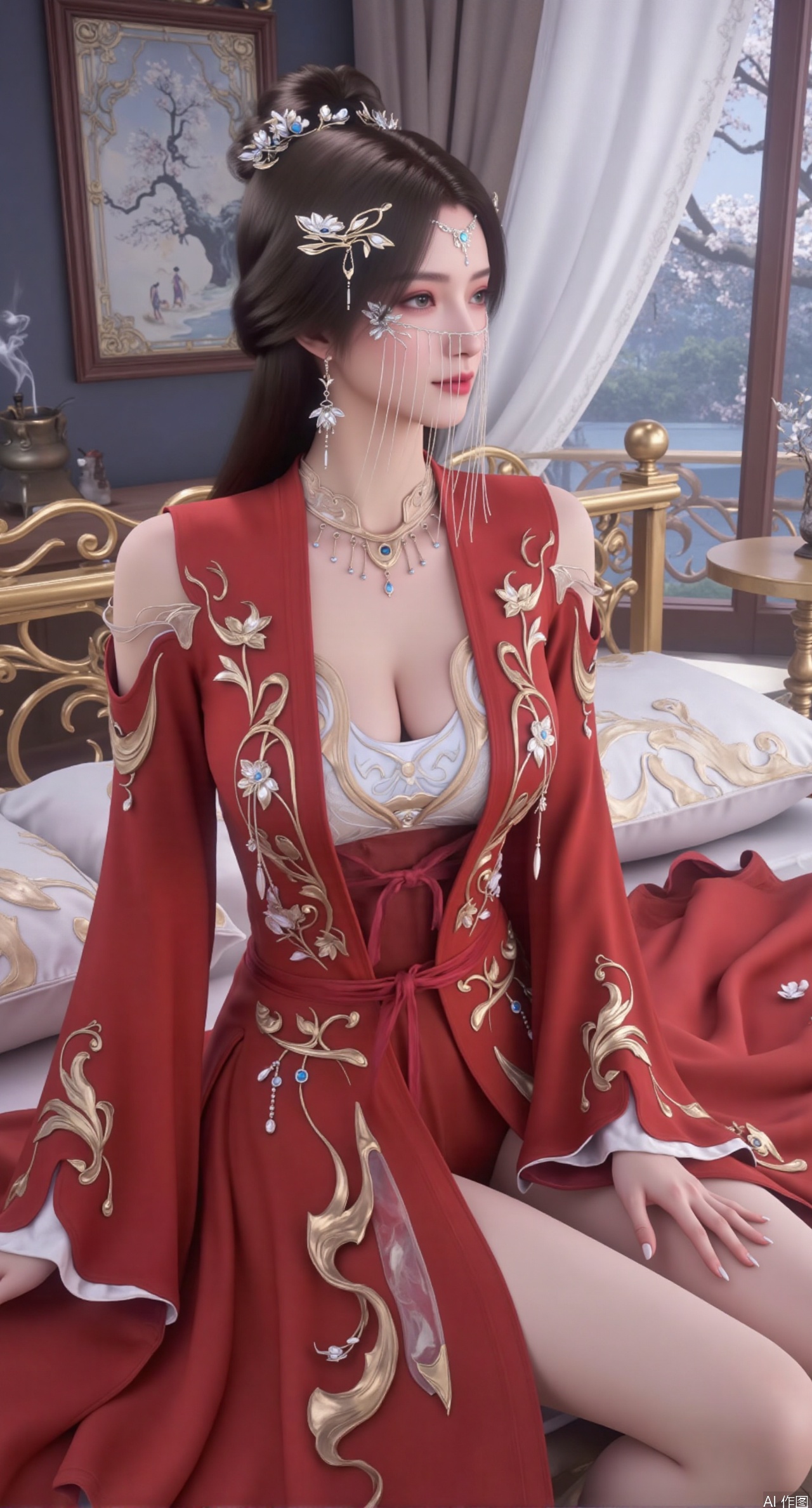 (masterpiece, best quality:1.2),Ancient Chinese boudoir scene, red|gold Hanfu dress ,sitting sideways on an intricately carved wooden bed, soft natural light filtering through sheer silk curtains, satin bedding with delicate sheen, detailed traditional Chinese Gongbi painting style, subtle celadon color palette, background featuring vintage dressing table and embroidered screen, falling plum blossom petals near window and wispy smoke from bronze incense burner, 8K resolution with intricate fabric draping and wood grain textures,,(huge breasts:2.99),(full breasts:2.89), 