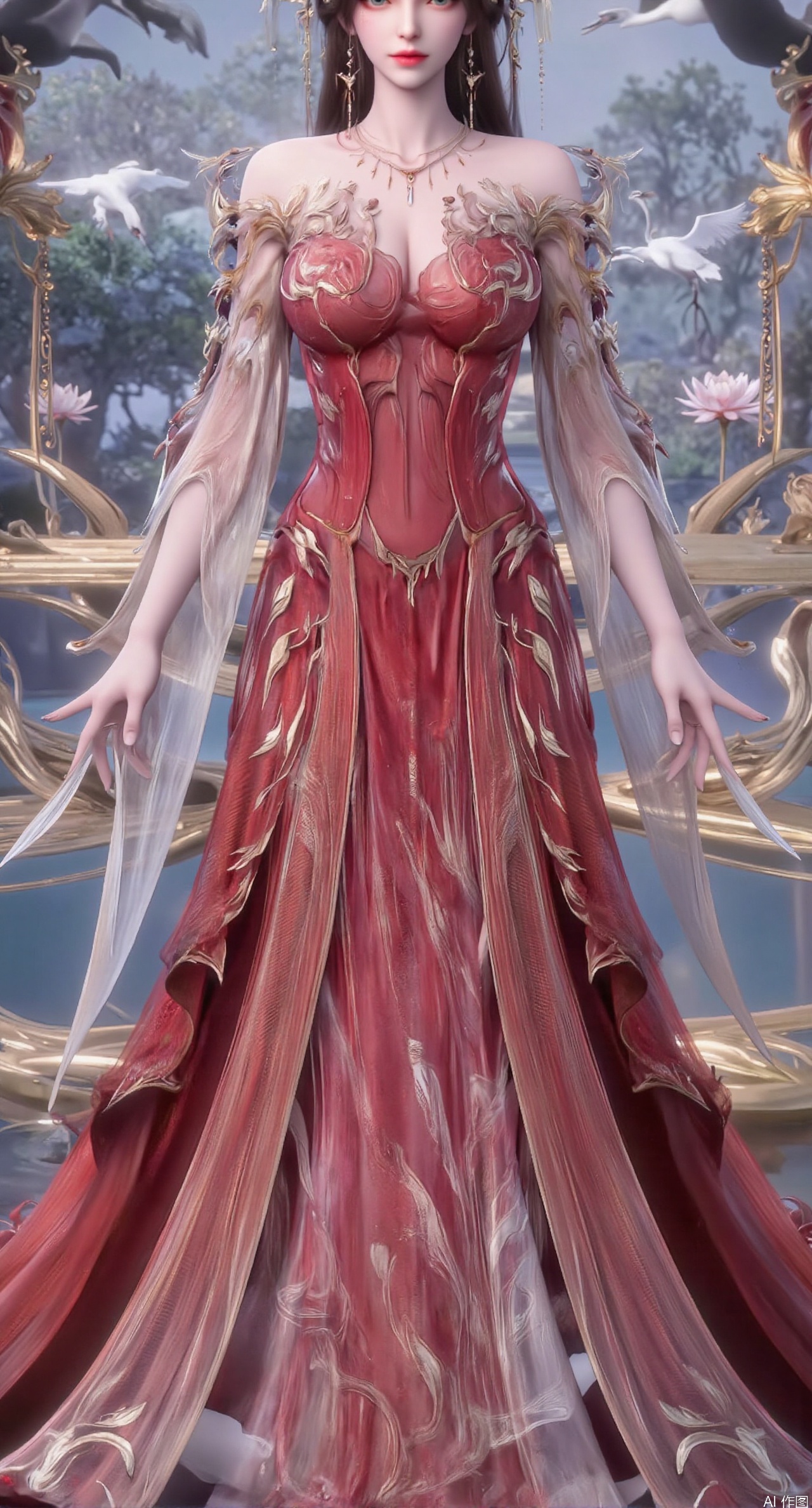 SFW,(masterpiece:1.2),best quality,1girl,solo,long hair,red long dress,celestial maiden in flowing tulle gown levitates above lotus pond, ethereal mist trails from hair ribbons, mythical Penglai paradise emerges through clouds with glowing pavilions, translucent bioluminescent lotus blooms, flock of cranes gliding over water surface, ultra HD with soft 3D rendering, morning light filters through mist, falling petal rain, intricate details on scale-patterned fabric and lotus veins.(huge breasts:2.99),(full breasts:2.99),