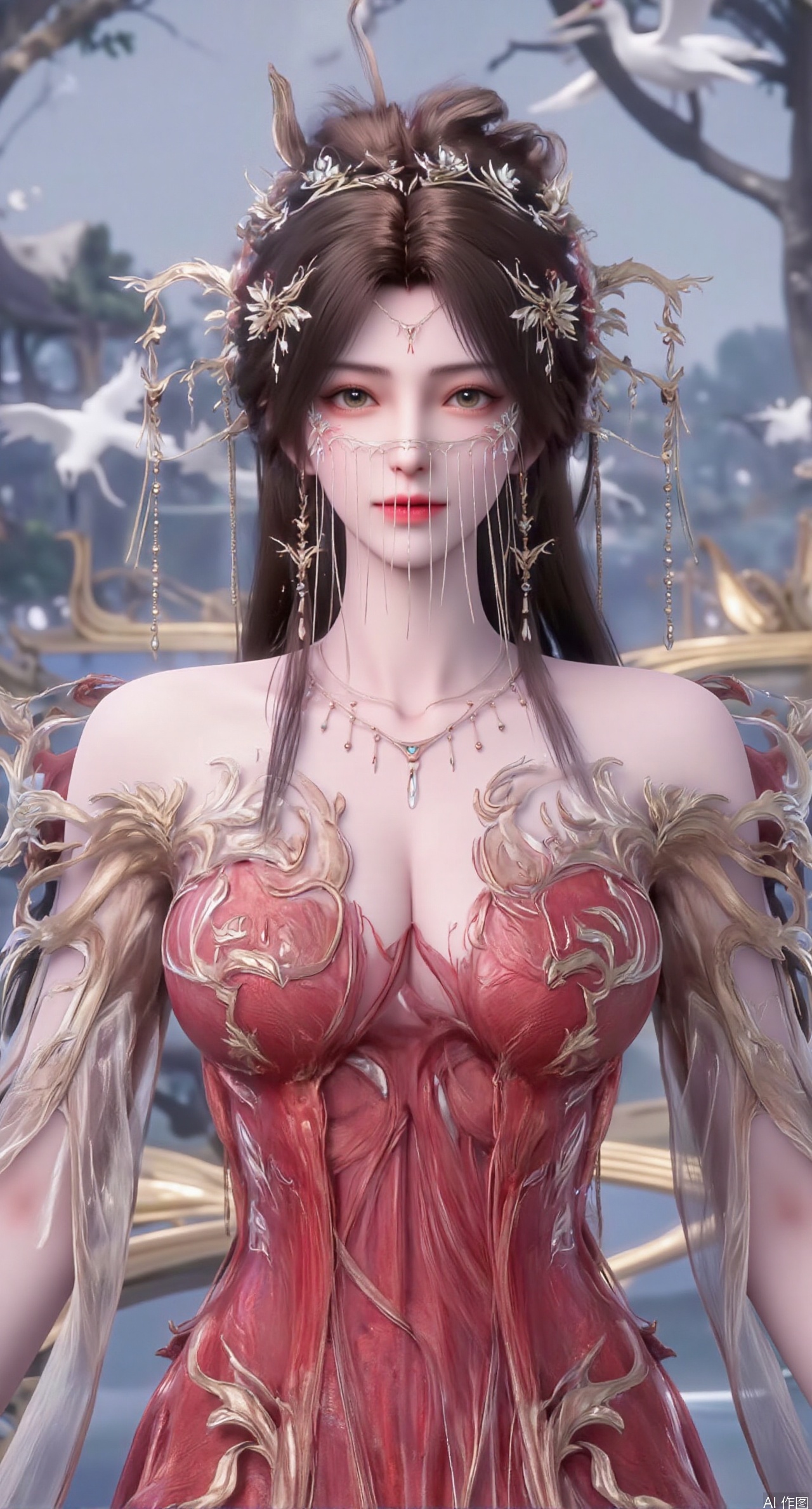 SFW,(masterpiece:1.2),best quality,1girl,solo,long hair,red long dress,celestial maiden in flowing tulle gown levitates above lotus pond, ethereal mist trails from hair ribbons, mythical Penglai paradise emerges through clouds with glowing pavilions, translucent bioluminescent lotus blooms, flock of cranes gliding over water surface, ultra HD with soft 3D rendering, morning light filters through mist, falling petal rain, intricate details on scale-patterned fabric and lotus veins.(huge breasts:2.99),(full breasts:2.99),
