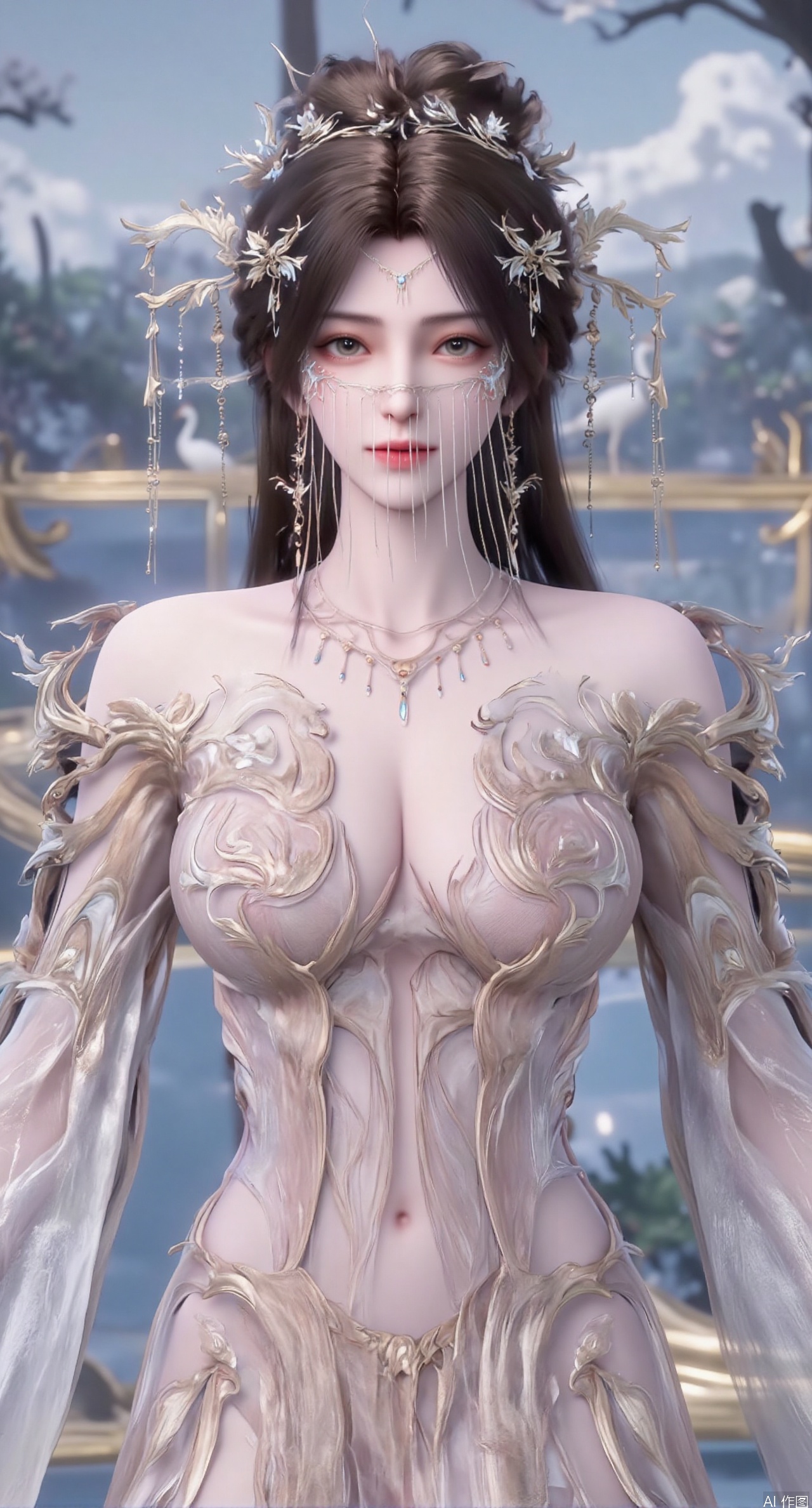 SFW,(masterpiece:1.2),best quality,1girl,solo,long hair,long dress,celestial maiden in flowing tulle gown levitates above lotus pond, ethereal mist trails from hair ribbons, mythical Penglai paradise emerges through clouds with glowing pavilions, translucent bioluminescent lotus blooms, flock of cranes gliding over water surface, ultra HD with soft 3D rendering, morning light filters through mist, falling petal rain, intricate details on scale-patterned fabric and lotus veins.(huge breasts:2.99),(full breasts:2.99),