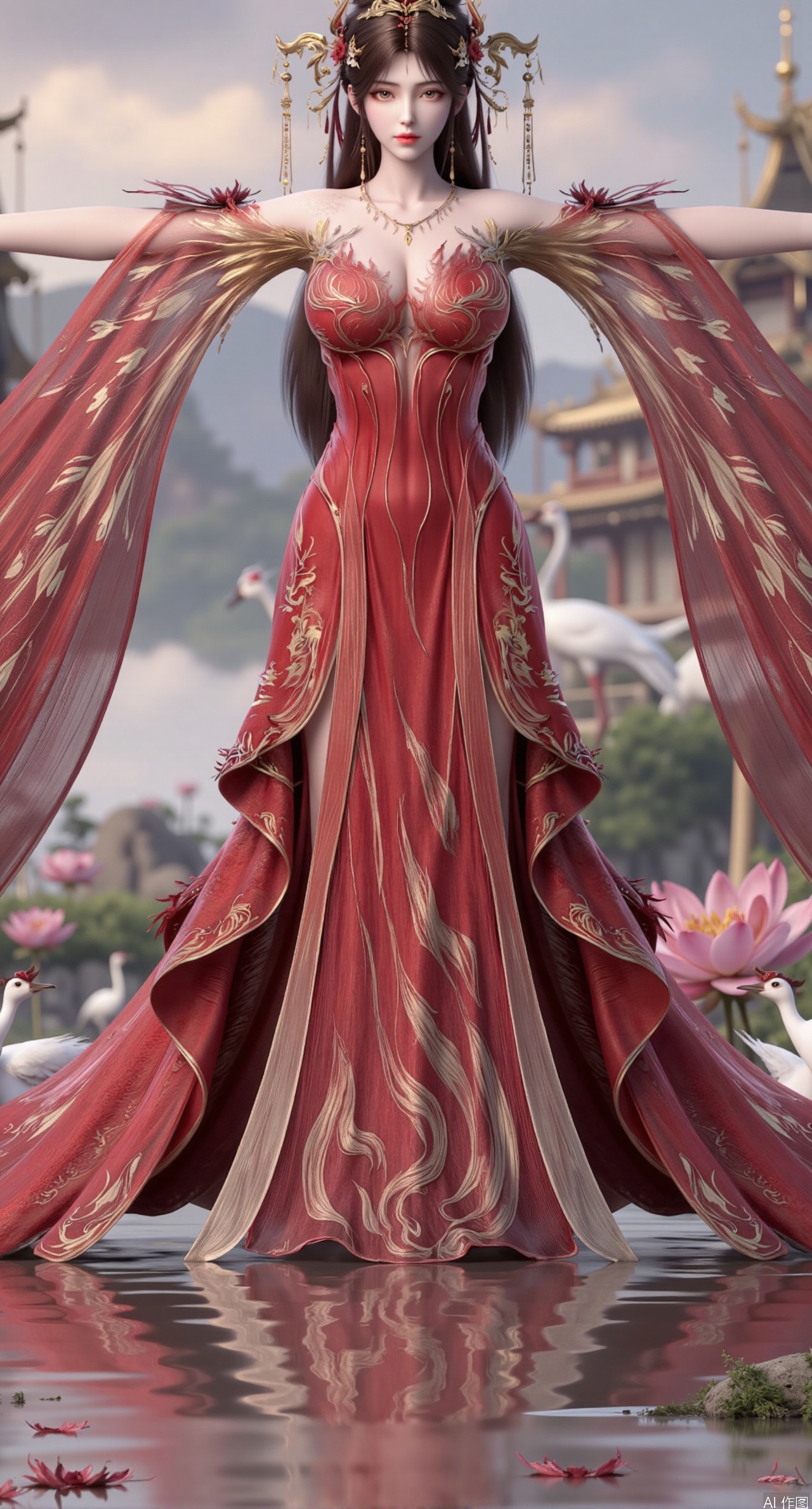 SFW,(masterpiece:1.2),best quality,1girl,solo,long hair,red long dress,celestial maiden in flowing tulle gown levitates above lotus pond, ethereal mist trails from hair ribbons, mythical Penglai paradise emerges through clouds with glowing pavilions, translucent bioluminescent lotus blooms, flock of cranes gliding over water surface, ultra HD with soft 3D rendering, morning light filters through mist, falling petal rain, intricate details on scale-patterned fabric and lotus veins.(huge breasts:2.99),(full breasts:2.99),