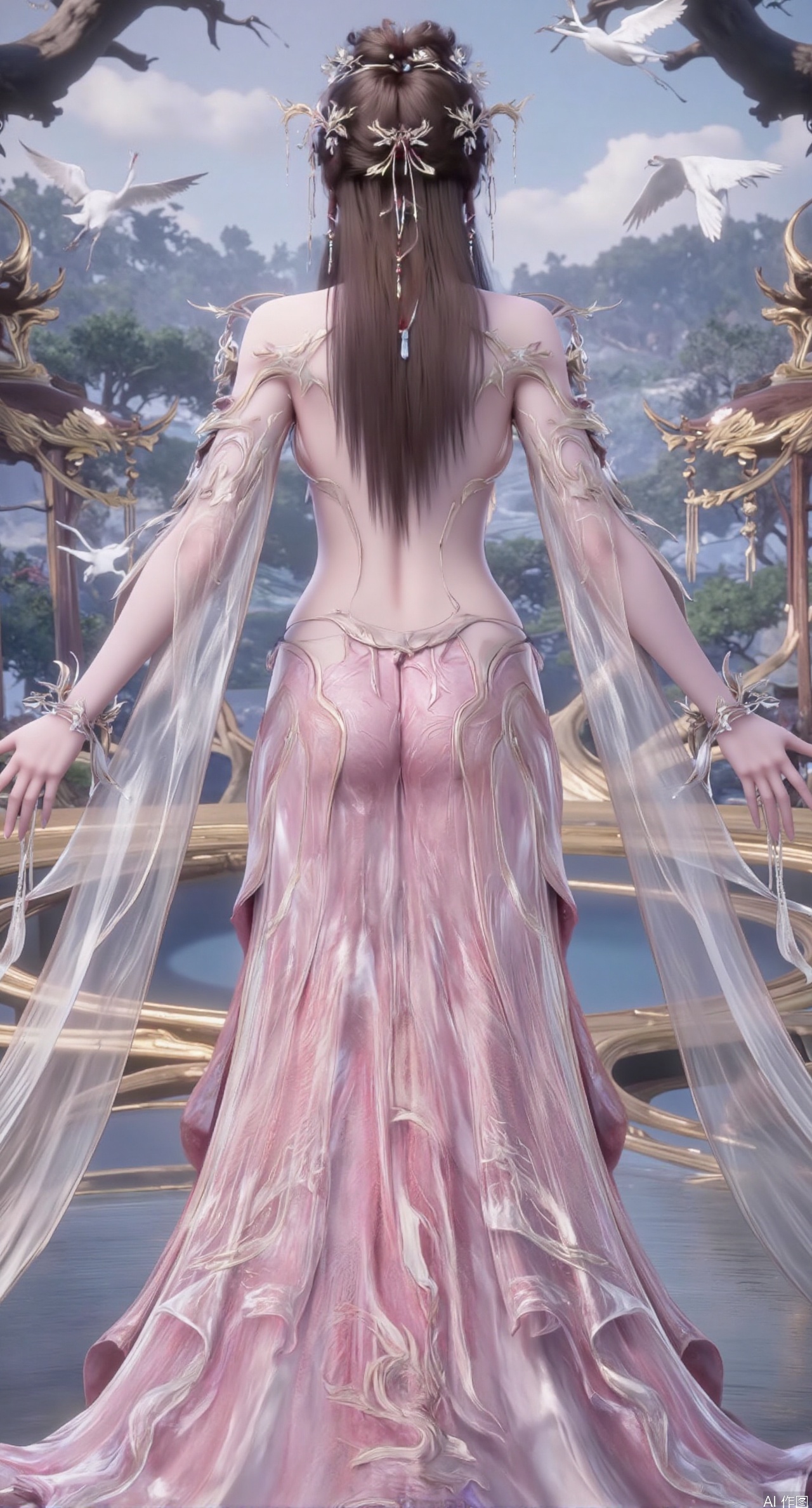 SFW,(masterpiece:1.2),best quality,1girl,solo,long hair,long dress,celestial maiden in flowing tulle gown levitates above lotus pond, ethereal mist trails from hair ribbons, mythical Penglai paradise emerges through clouds with glowing pavilions, translucent bioluminescent lotus blooms, flock of cranes gliding over water surface, ultra HD with soft 3D rendering, morning light filters through mist, falling petal rain, intricate details on scale-patterned fabric and lotus veins.(huge breasts:2.99),(full breasts:2.99),