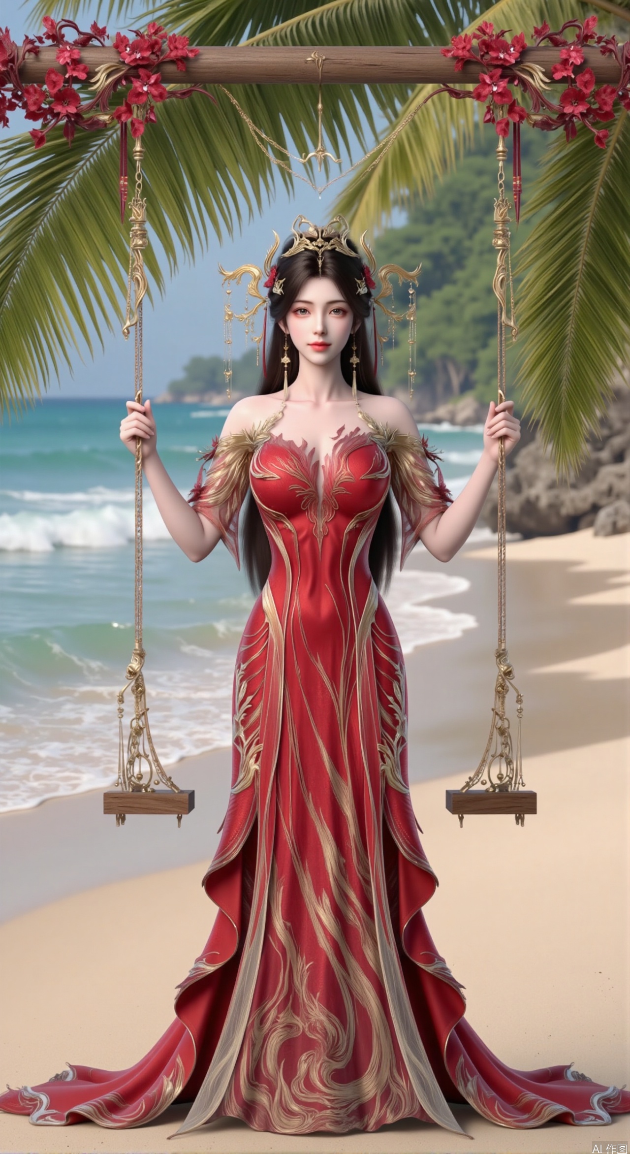 SFW,(masterpiece:1.2),best quality,absurdres,masterpiece,original,extremely detailed wallpaper,perfect lighting,Golden sandy beach covered with vibrant flowers, turquoise waves gently lapping the shore,red long dress ,elegant woman in embroidered qipao swinging on a wooden swing under coconut trees, bright flower clusters spreading from sand to palm tree roots, soft natural light filtering through coconut leaves, ocean breeze lifting hair and qipao hem, high-resolution details showcasing petal textures and silk fabric sheen, ultra-wide angle lens capturing coastline panorama, cinematic color grading with soft focus on the central figure,(huge breasts:2.99),(full breasts:2.99),Xzhihua,Xsiyouyou,Xyanruyu,Xmoxiaonan,Xyeqingxian