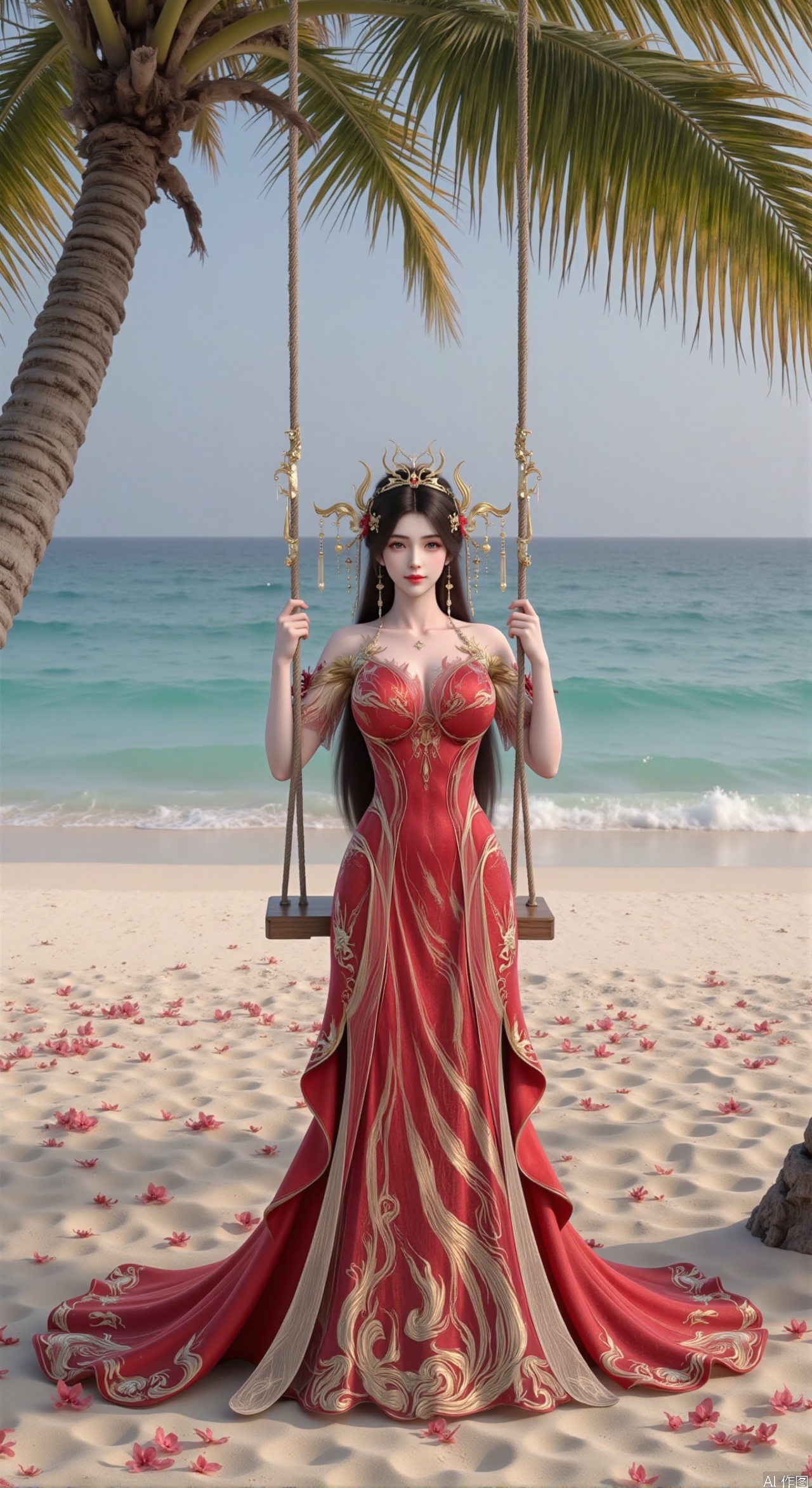  SFW,(masterpiece:1.2),best quality,absurdres,masterpiece,original,extremely detailed wallpaper,perfect lighting,Golden sandy beach covered with vibrant flowers, turquoise waves gently lapping the shore,red long dress ,elegant woman in embroidered qipao swinging on a wooden swing under coconut trees, bright flower clusters spreading from sand to palm tree roots, soft natural light filtering through coconut leaves, ocean breeze lifting hair and qipao hem, high-resolution details showcasing petal textures and silk fabric sheen, ultra-wide angle lens capturing coastline panorama, cinematic color grading with soft focus on the central figure,(huge breasts:2.99),(full breasts:2.99),Xzhihua,Xsiyouyou,Xyanruyu,Xmoxiaonan,Xyeqingxian