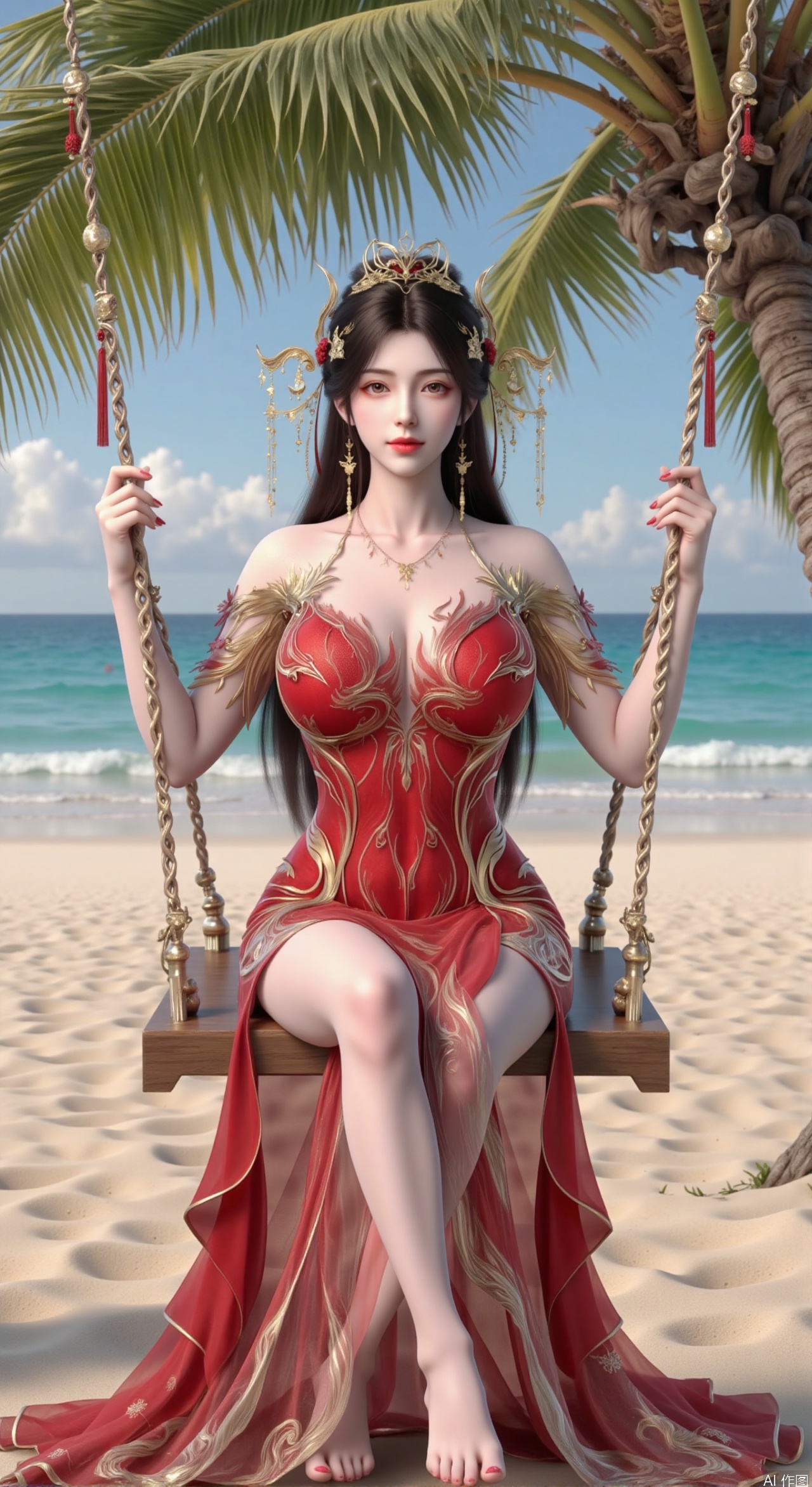  SFW,(masterpiece:1.2),best quality,absurdres,masterpiece,original,extremely detailed wallpaper,perfect lighting,Golden sandy beach covered with vibrant flowers, turquoise waves gently lapping the shore,red long dress ,elegant woman in embroidered qipao swinging on a wooden swing under coconut trees, bright flower clusters spreading from sand to palm tree roots, soft natural light filtering through coconut leaves, ocean breeze lifting hair and qipao hem, high-resolution details showcasing petal textures and silk fabric sheen, ultra-wide angle lens capturing coastline panorama, cinematic color grading with soft focus on the central figure,(huge breasts:2.99),(full breasts:2.99),Xzhihua,Xsiyouyou,Xyanruyu,Xmoxiaonan,Xyeqingxian