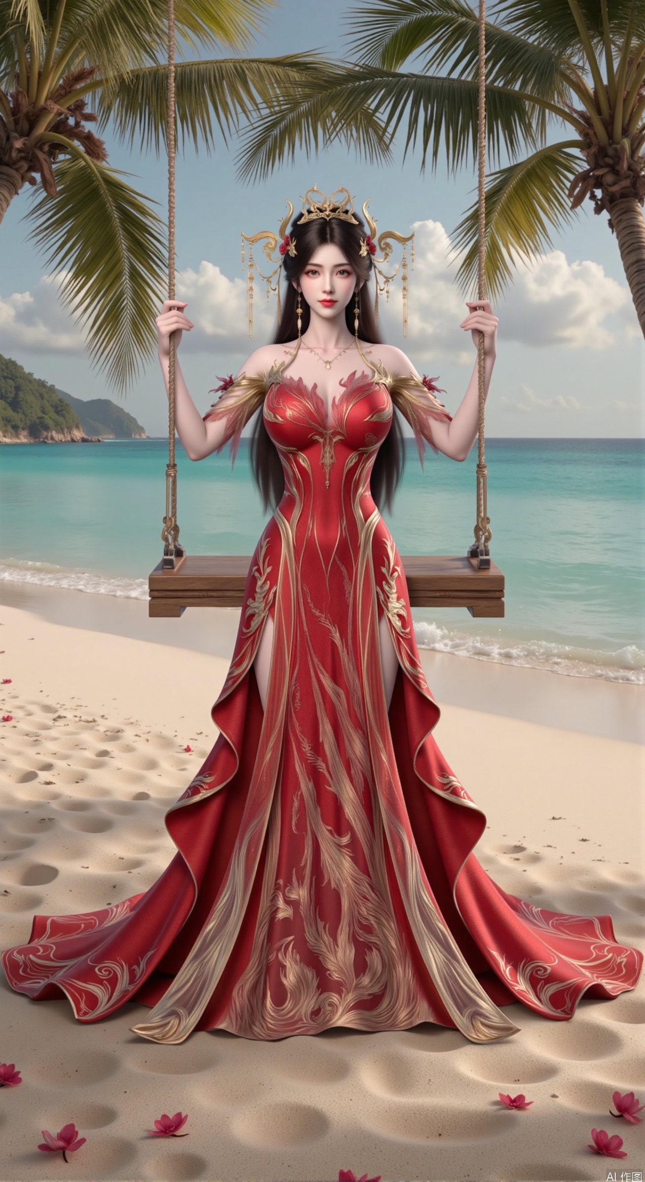  SFW,(masterpiece:1.2),best quality,absurdres,masterpiece,original,extremely detailed wallpaper,perfect lighting,Golden sandy beach covered with vibrant flowers, turquoise waves gently lapping the shore,red long dress ,elegant woman in embroidered qipao swinging on a wooden swing under coconut trees, bright flower clusters spreading from sand to palm tree roots, soft natural light filtering through coconut leaves, ocean breeze lifting hair and qipao hem, high-resolution details showcasing petal textures and silk fabric sheen, ultra-wide angle lens capturing coastline panorama, cinematic color grading with soft focus on the central figure,(huge breasts:2.99),(full breasts:2.99),Xzhihua,Xsiyouyou,Xyanruyu,Xmoxiaonan,Xyeqingxian