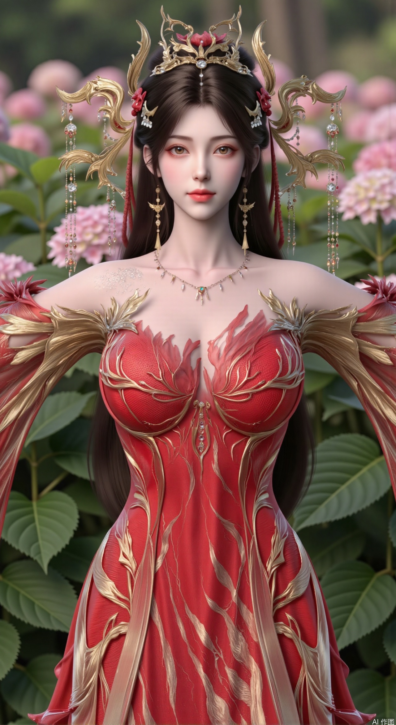  SFW,(masterpiece:1.2),best quality,absurdres,masterpiece,original,extremely detailed wallpaper,perfect lighting,1girl,solo,red long dress,looking at viewer,(cowboy_shot:1.3),long hair,high heels,blurry background,depth of field,motion blur,(long dress:1.23),china_dress,chinese_style,bare shouders,crystal_earrings,headpiece,hair_tie,chest_jewel,gem,necklace,jewelry,in summer,day,outdoors,nature,garden,,(standing,Hydrangea, Hydrangea Field:1.59),(huge breasts:2.99),(full breasts:2.99),Xzhihua,Xsiyouyou,Xyanruyu,Xmoxiaonan,Xyeqingxian