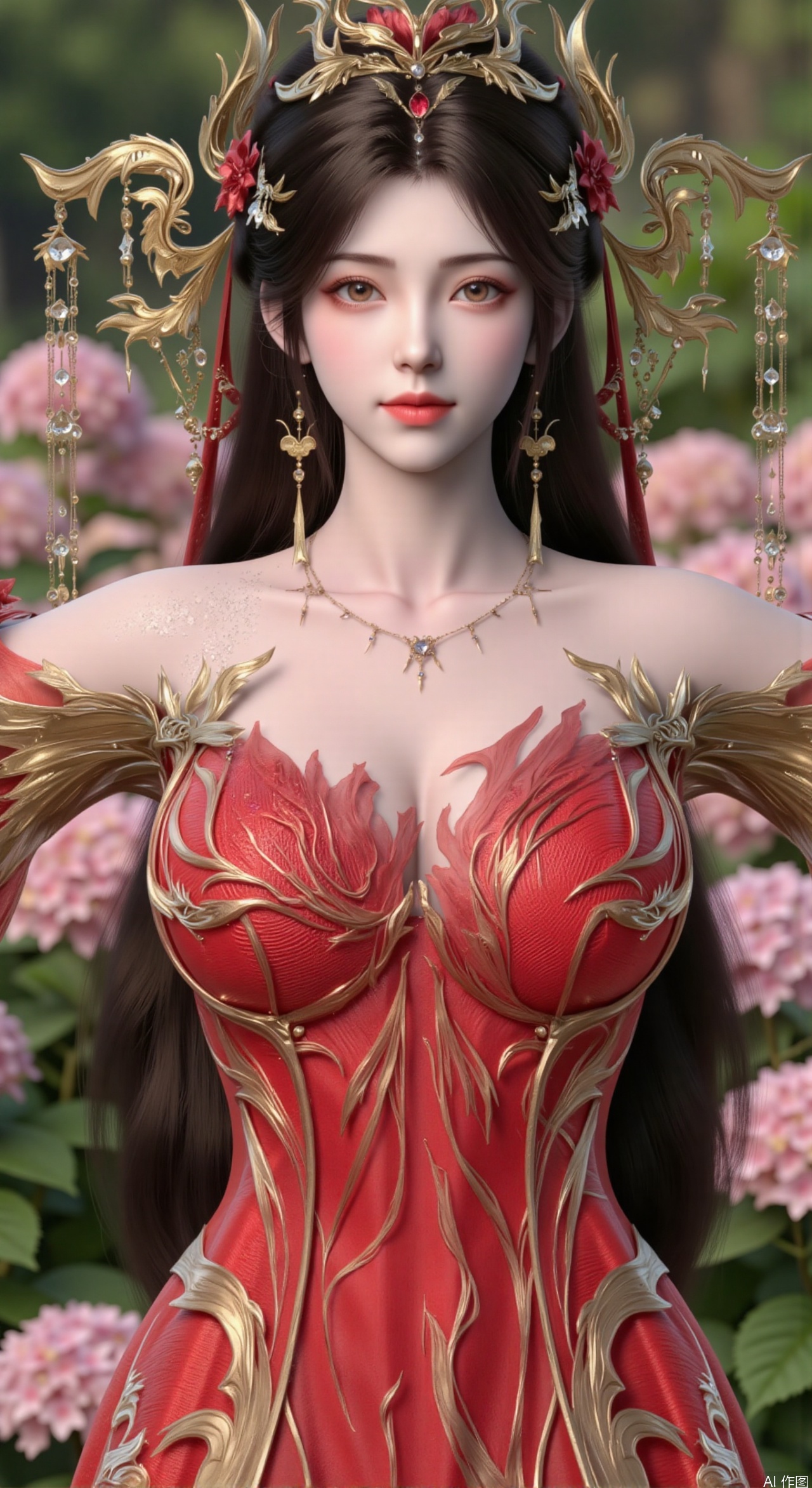  SFW,(masterpiece:1.2),best quality,absurdres,masterpiece,original,extremely detailed wallpaper,perfect lighting,1girl,solo,red long dress,looking at viewer,(cowboy_shot:1.3),long hair,high heels,blurry background,depth of field,motion blur,(long dress:1.23),china_dress,chinese_style,bare shouders,crystal_earrings,headpiece,hair_tie,chest_jewel,gem,necklace,jewelry,in summer,day,outdoors,nature,garden,,(standing,Hydrangea, Hydrangea Field:1.59),(huge breasts:2.99),(full breasts:2.99),Xzhihua,Xsiyouyou,Xyanruyu,Xmoxiaonan,Xyeqingxian