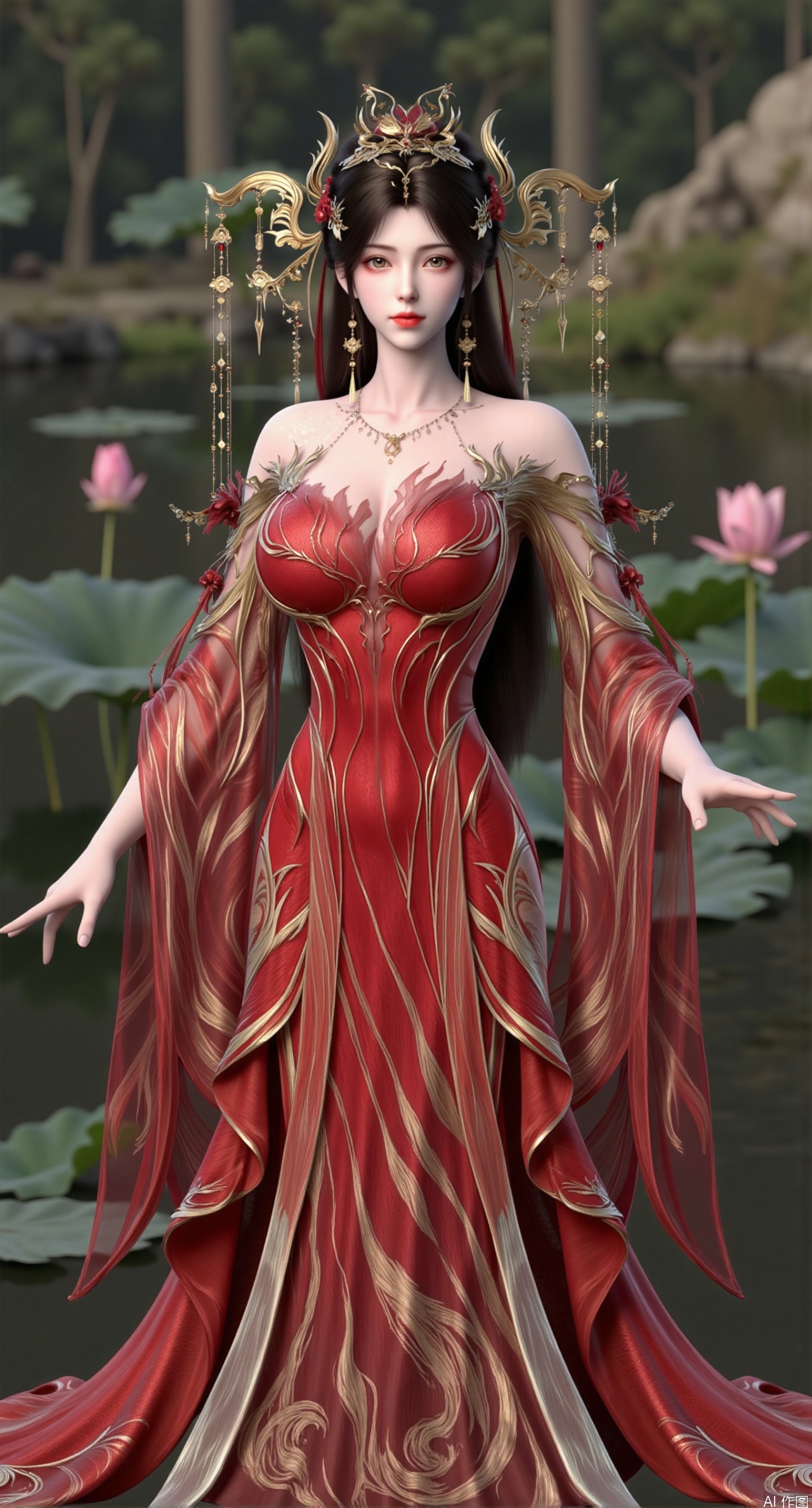  masterpiece,1girl,solo,black hair,red long dress,(Standing by the lotus pond in the garden:1.33),black eyes,beautiful face,holding flower,looking at viewer,(huge breasts:2.59),(full breasts:1.99),Xzhanguopao,XJKzhifu,s,Xqhcqipao,Xxuanyi,Xbaiyin81,Xmeidusha,Xmoyunfei,XliumeiF,Xliumei