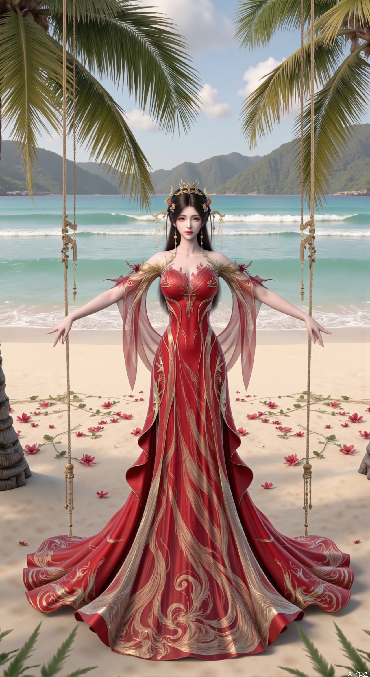  SFW,(masterpiece:1.2),best quality,absurdres,masterpiece,original,extremely detailed wallpaper,perfect lighting,Golden sandy beach covered with vibrant flowers, turquoise waves gently lapping the shore,red long dress ,elegant woman in embroidered qipao swinging on a wooden swing under coconut trees, bright flower clusters spreading from sand to palm tree roots, soft natural light filtering through coconut leaves, ocean breeze lifting hair and qipao hem, high-resolution details showcasing petal textures and silk fabric sheen, ultra-wide angle lens capturing coastline panorama, cinematic color grading with soft focus on the central figure,(huge breasts:2.99),(full breasts:2.99),Xzhihua,Xsiyouyou,Xyanruyu,Xmoxiaonan,Xyeqingxian