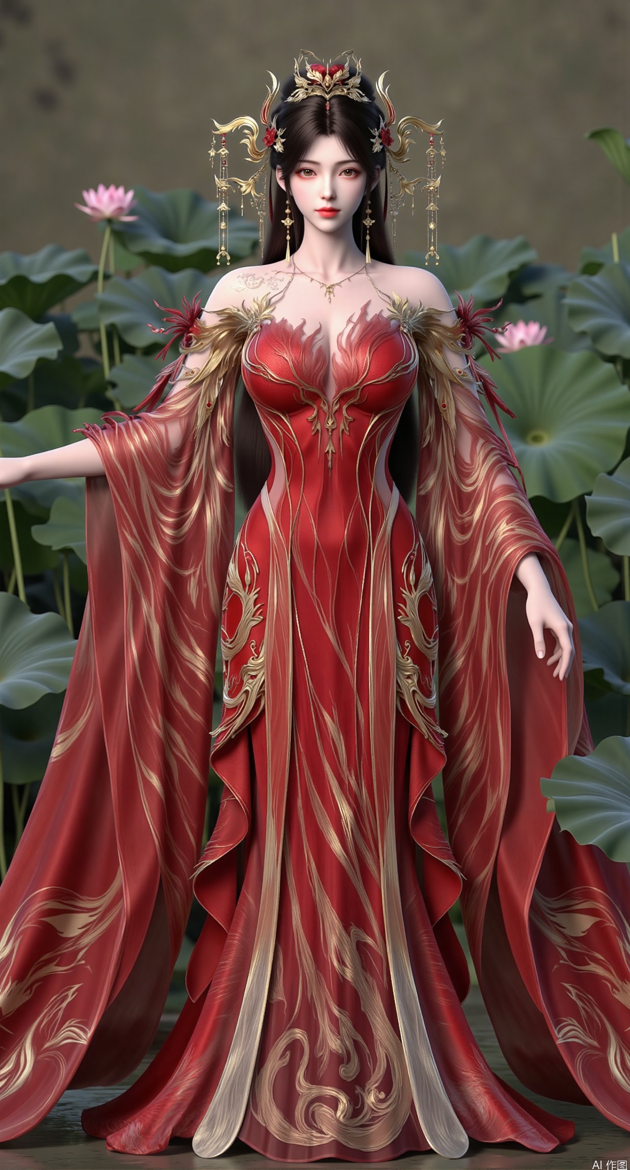  masterpiece,1girl,solo,black hair,red long dress,(Standing by the lotus pond in the garden:1.33),black eyes,beautiful face,holding flower,looking at viewer,(huge breasts:2.59),(full breasts:1.99),Xzhanguopao,XJKzhifu,s,Xqhcqipao,Xxuanyi,Xbaiyin81,Xmeidusha,Xmoyunfei,XliumeiF,Xliumei