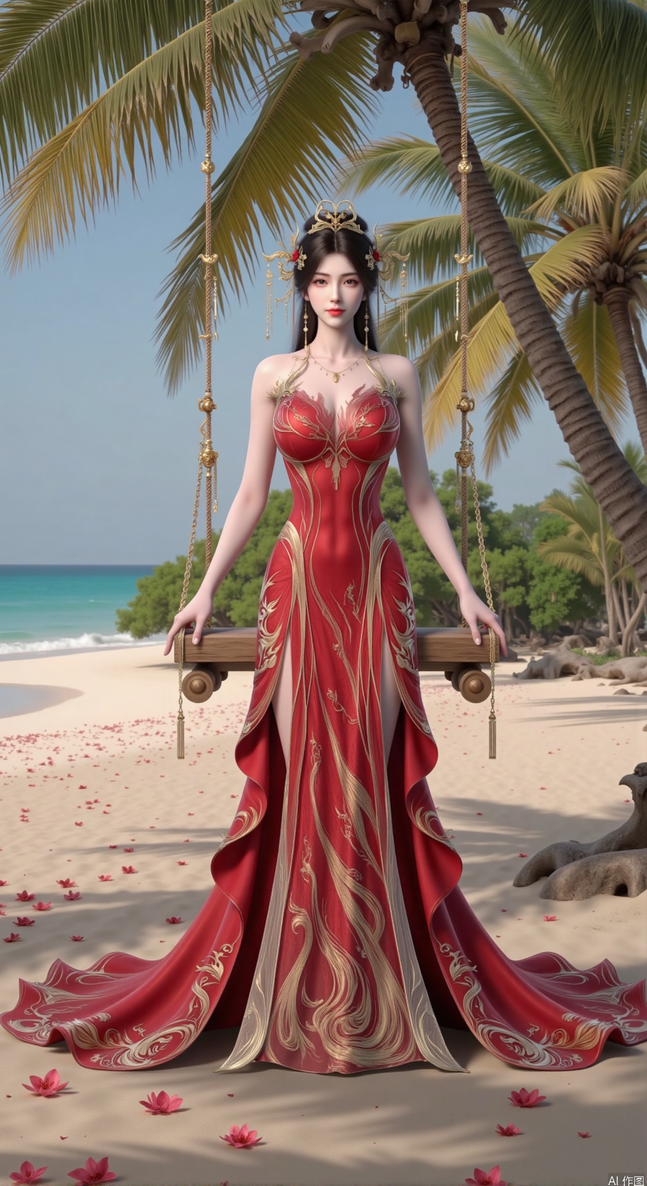  SFW,(masterpiece:1.2),best quality,absurdres,masterpiece,original,extremely detailed wallpaper,perfect lighting,Golden sandy beach covered with vibrant flowers, turquoise waves gently lapping the shore,red long dress ,elegant woman in embroidered qipao swinging on a wooden swing under coconut trees, bright flower clusters spreading from sand to palm tree roots, soft natural light filtering through coconut leaves, ocean breeze lifting hair and qipao hem, high-resolution details showcasing petal textures and silk fabric sheen, ultra-wide angle lens capturing coastline panorama, cinematic color grading with soft focus on the central figure,(huge breasts:2.99),(full breasts:2.99),Xzhihua,Xsiyouyou,Xyanruyu,Xmoxiaonan,Xyeqingxian