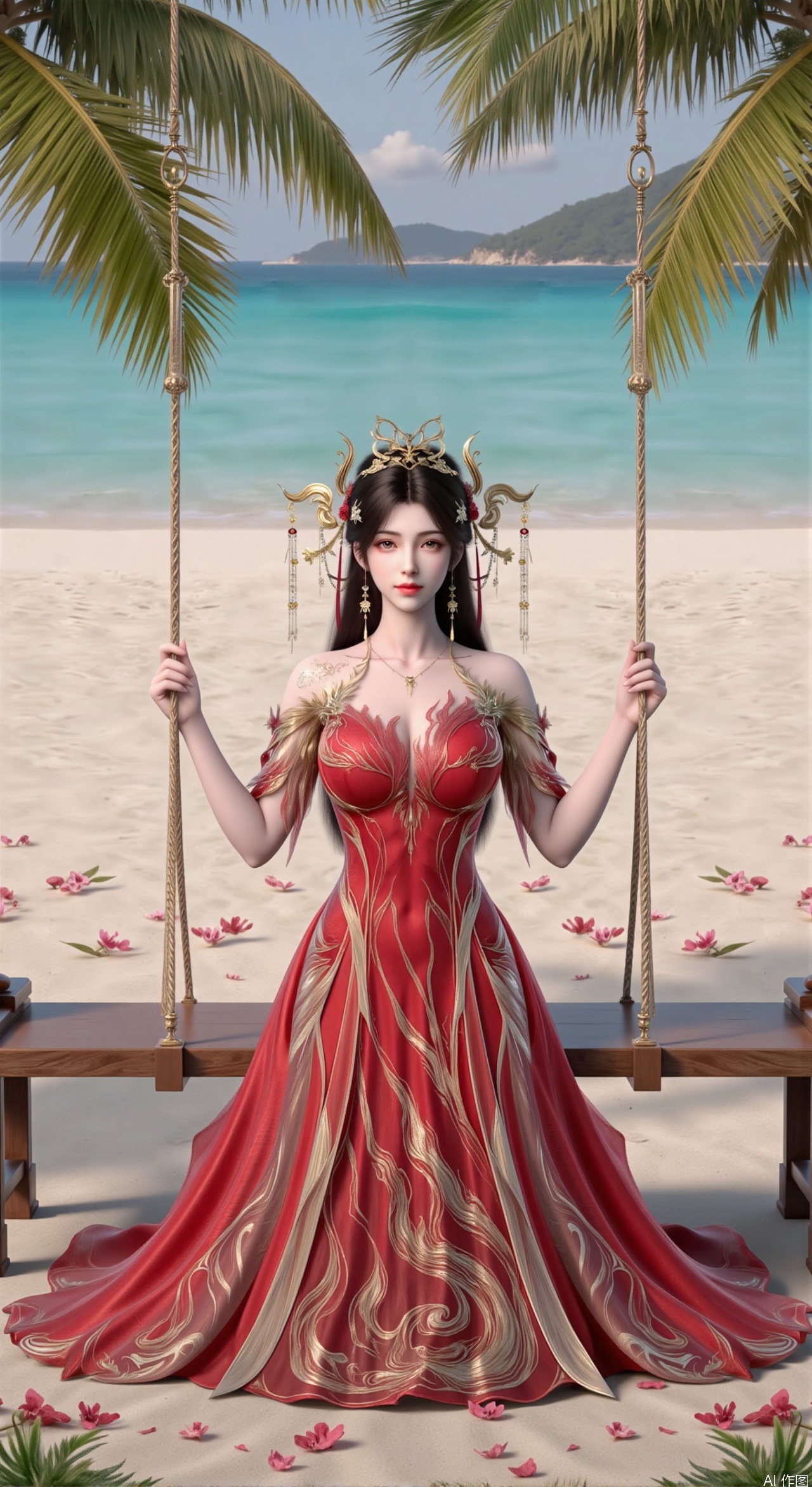  SFW,(masterpiece:1.2),best quality,absurdres,masterpiece,original,extremely detailed wallpaper,perfect lighting,Golden sandy beach covered with vibrant flowers, turquoise waves gently lapping the shore,red long dress ,elegant woman in embroidered qipao swinging on a wooden swing under coconut trees, bright flower clusters spreading from sand to palm tree roots, soft natural light filtering through coconut leaves, ocean breeze lifting hair and qipao hem, high-resolution details showcasing petal textures and silk fabric sheen, ultra-wide angle lens capturing coastline panorama, cinematic color grading with soft focus on the central figure,(huge breasts:2.99),(full breasts:2.99),Xzhihua,Xsiyouyou,Xyanruyu,Xmoxiaonan,Xyeqingxian