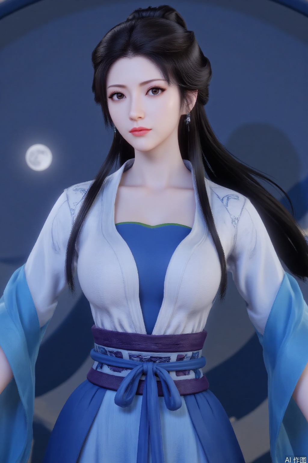 1girl,huge breasts,cleavage, solo, long hair, black hair, long sleeves, dress, full body, chinese clothes, moon, realistic,bending,learning forward,NGW,c-hd