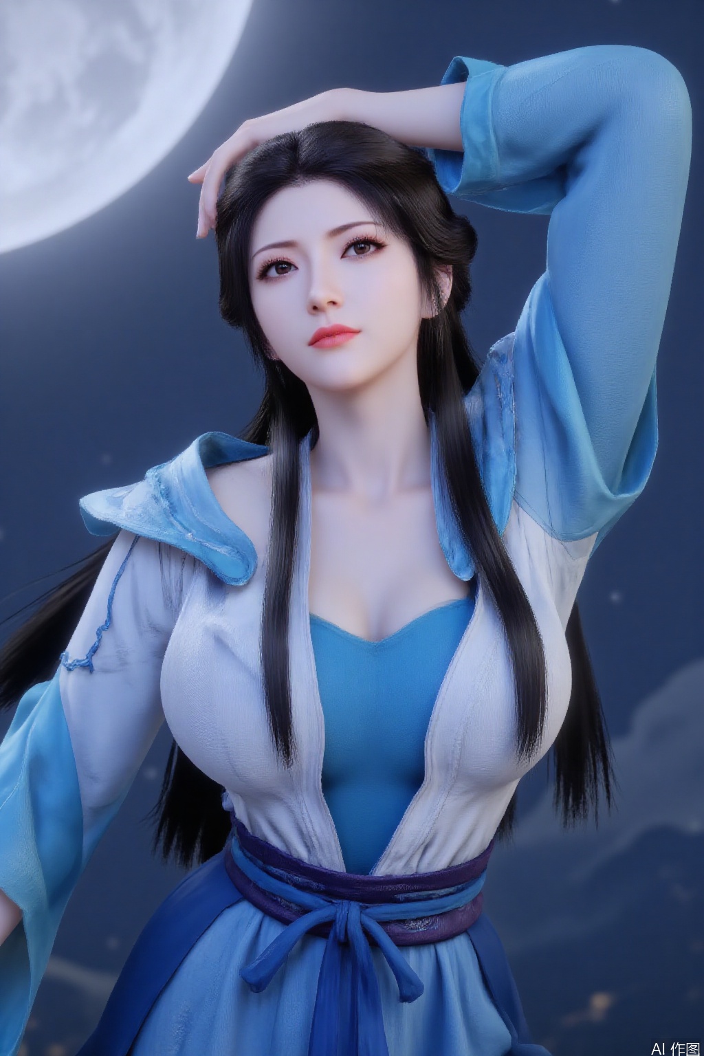 1girl,huge breasts,cleavage, solo, long hair, black hair, long sleeves, dress, full body, arm up, chinese clothes, moon, realistic,bending,learning forward,NGW,c-hd