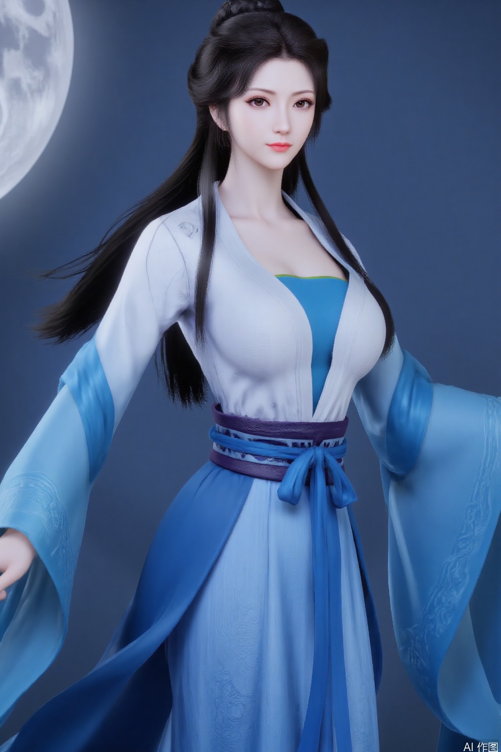 1girl,huge breasts,cleavage, solo, long hair, black hair, long sleeves, dress, full body, chinese clothes, moon, realistic,bending,learning forward,NGW,c-hd