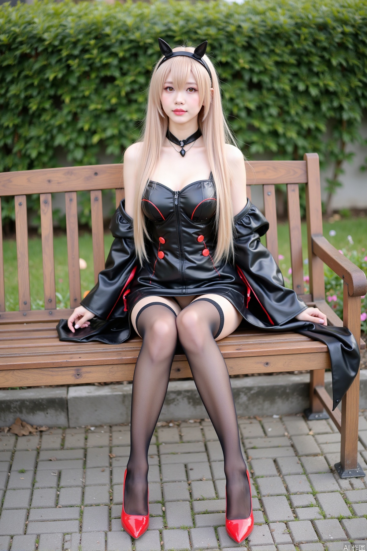 Realistic photo, one young woman, long hair, fair skin, big breasts, cosplay costume, short leather skirt, stockings, red high heels, full body, sitting, bench, garden,