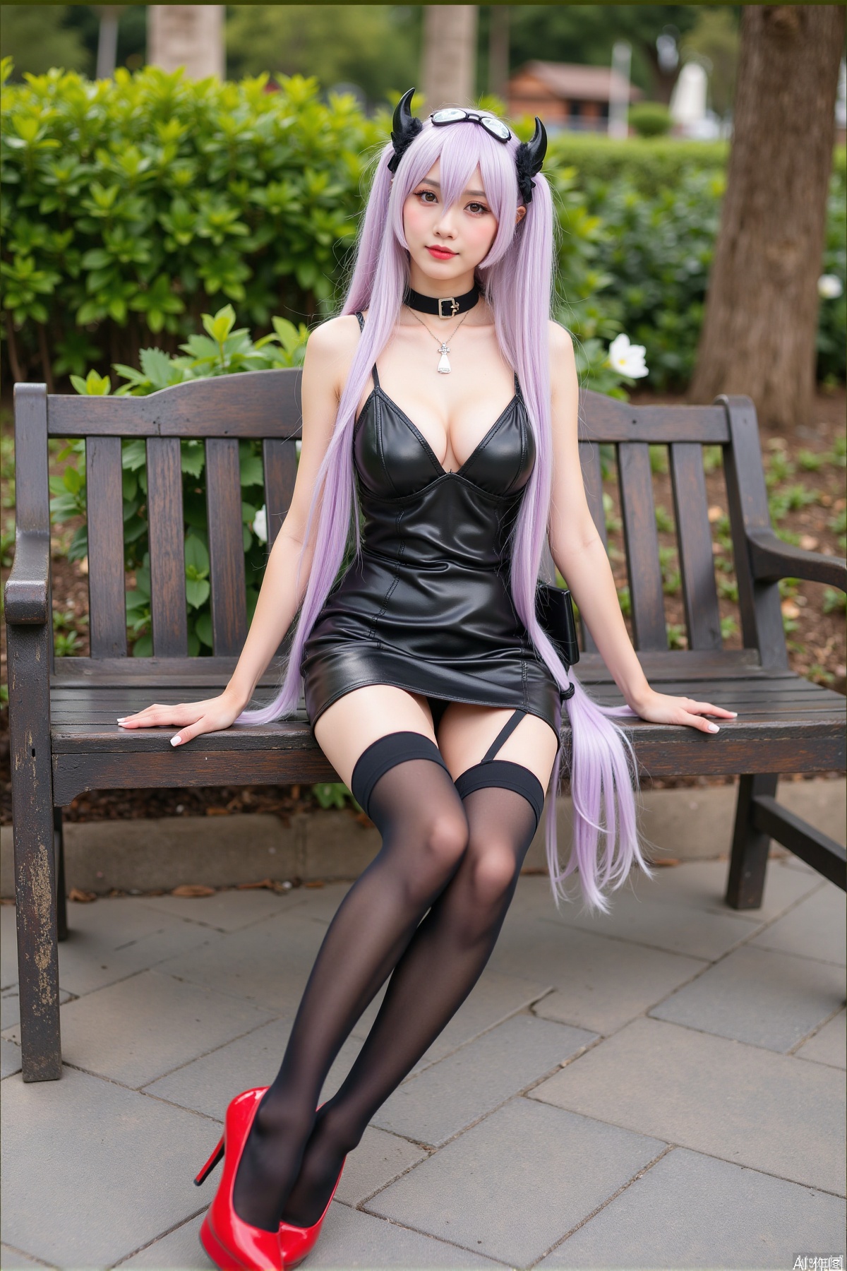 Realistic photo, one young woman, long hair, fair skin, big breasts, cosplay costume, short leather skirt, stockings, red high heels, full body, sitting, bench, garden,