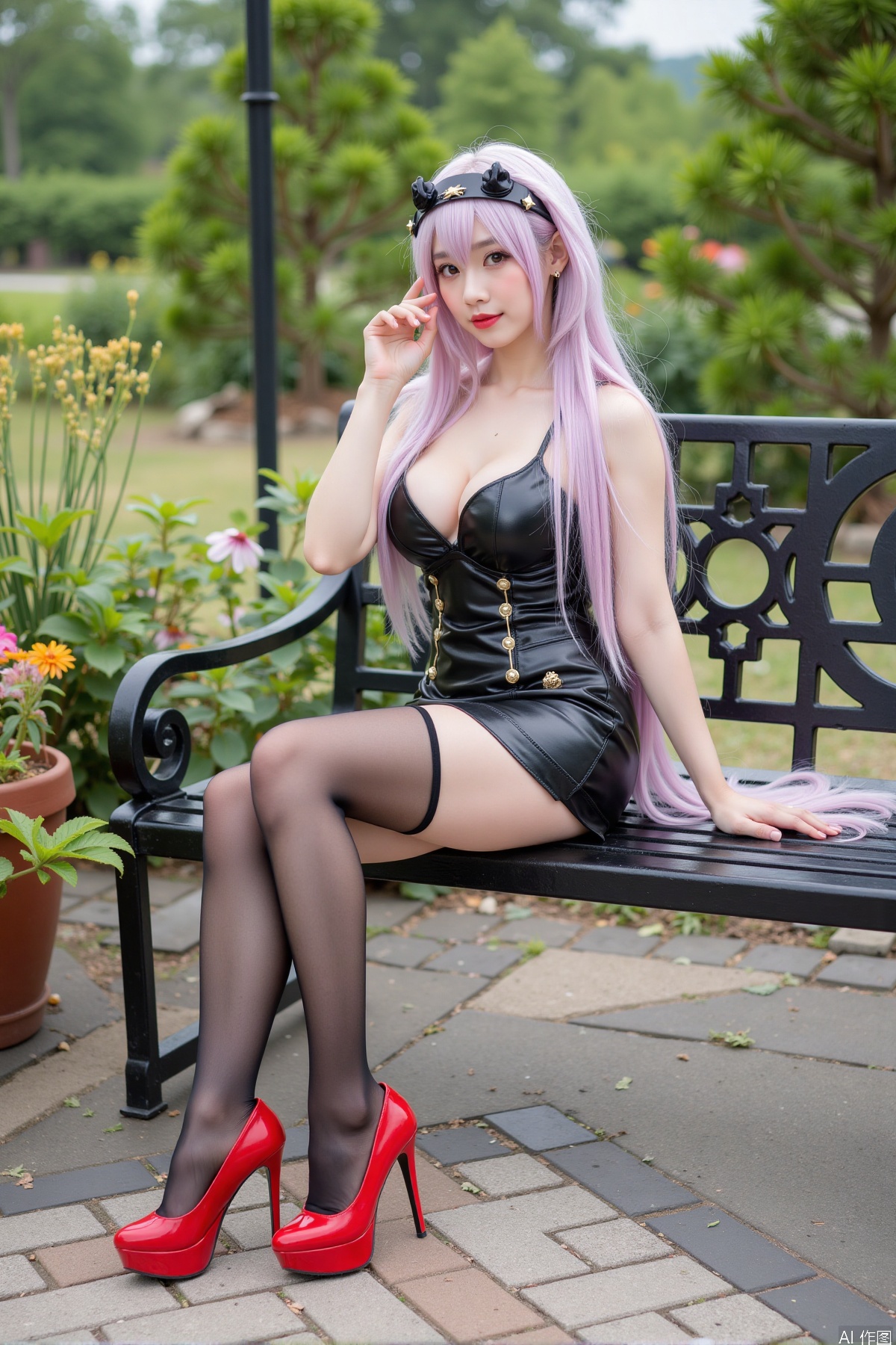 Realistic photo, one young woman, long hair, fair skin, big breasts, cosplay costume, short leather skirt, stockings, red high heels, full body, sitting, bench, garden,
