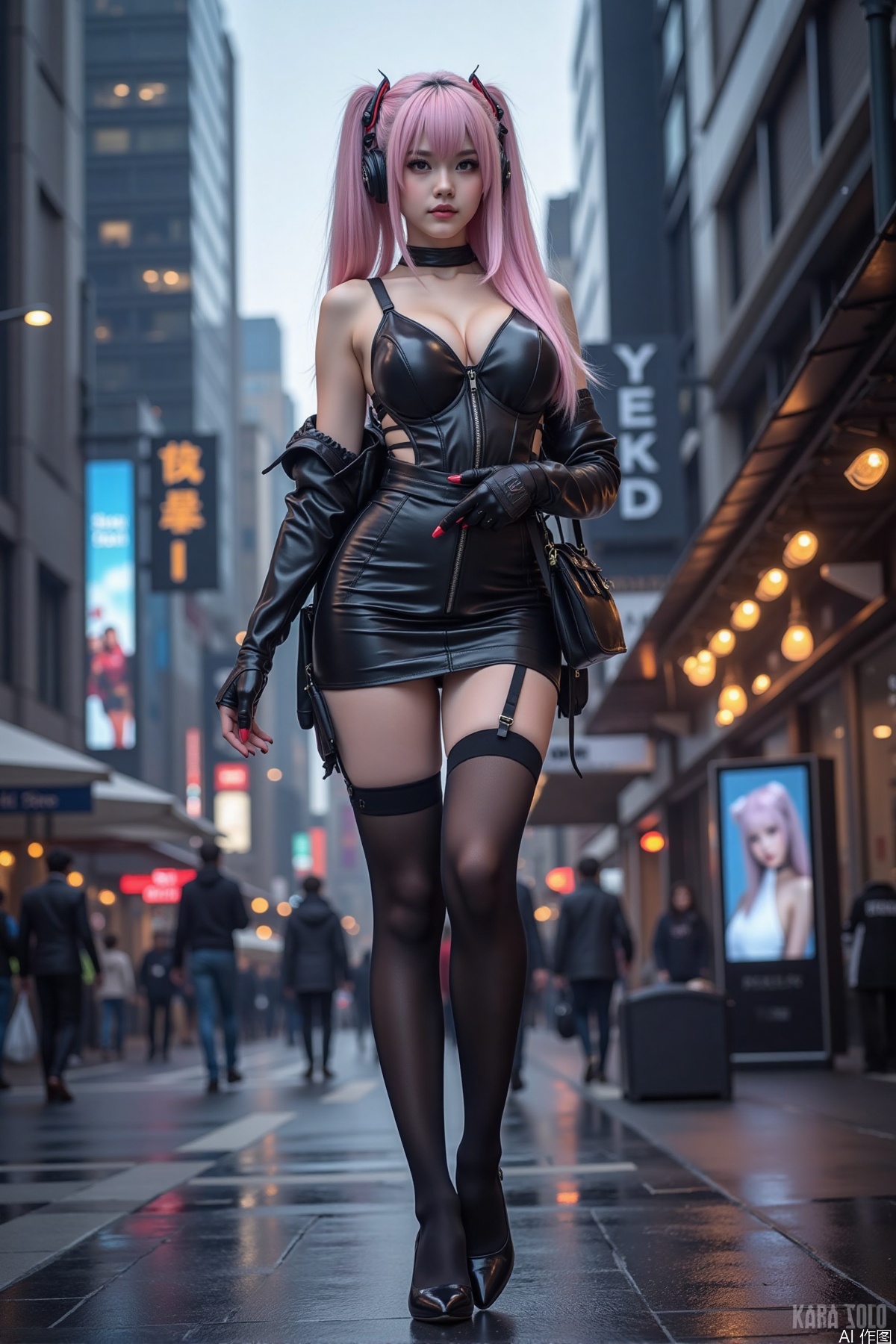 Realistic photo, one young woman, long hair, fair skin, big breasts, cosplay costume, short leather skirt, stockings, high heels, full body, standing, cyberpunk luxury city background,