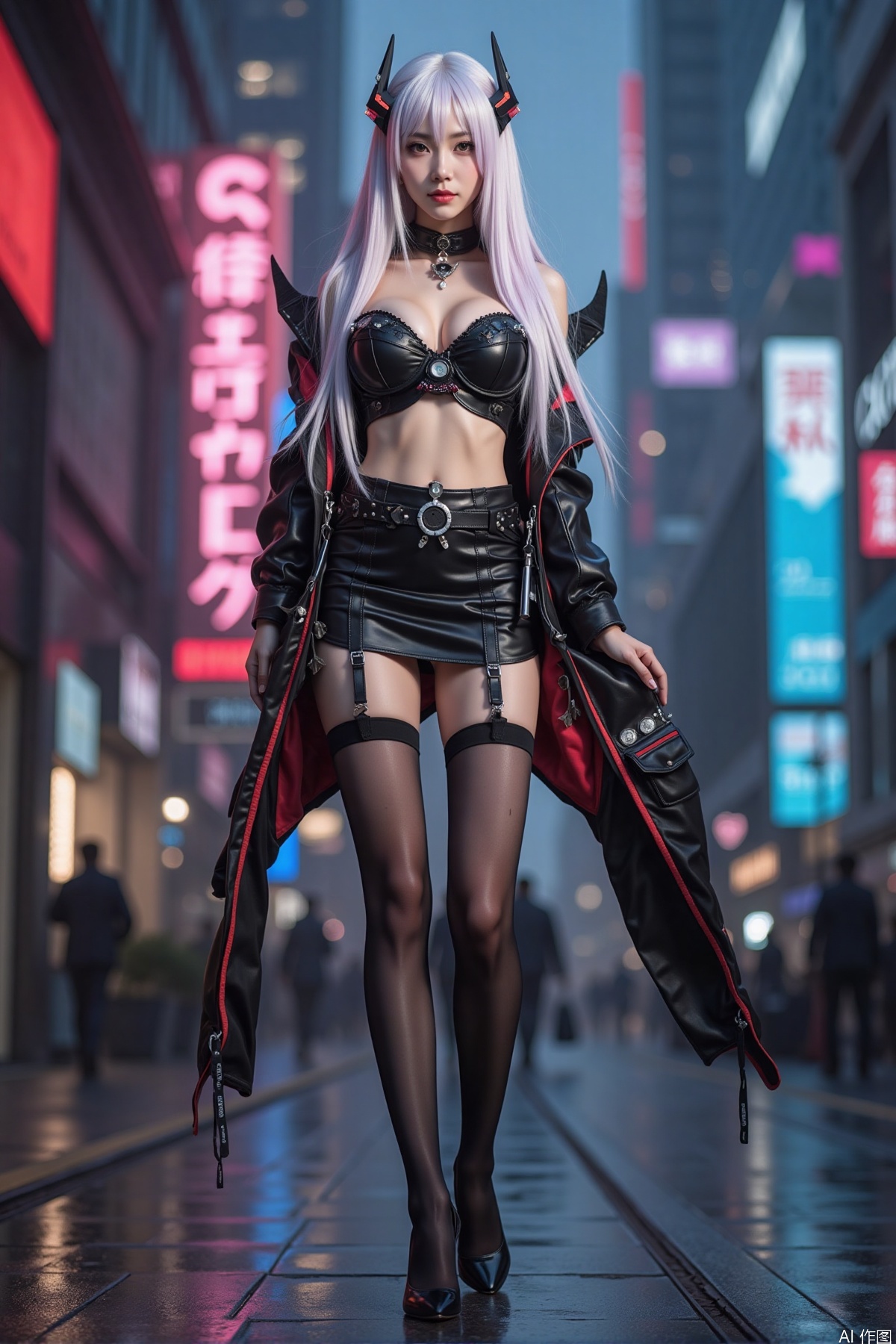 Realistic photo, one young woman, long hair, fair skin, big breasts, cosplay costume, short leather skirt, stockings, high heels, full body, standing, cyberpunk luxury city background,