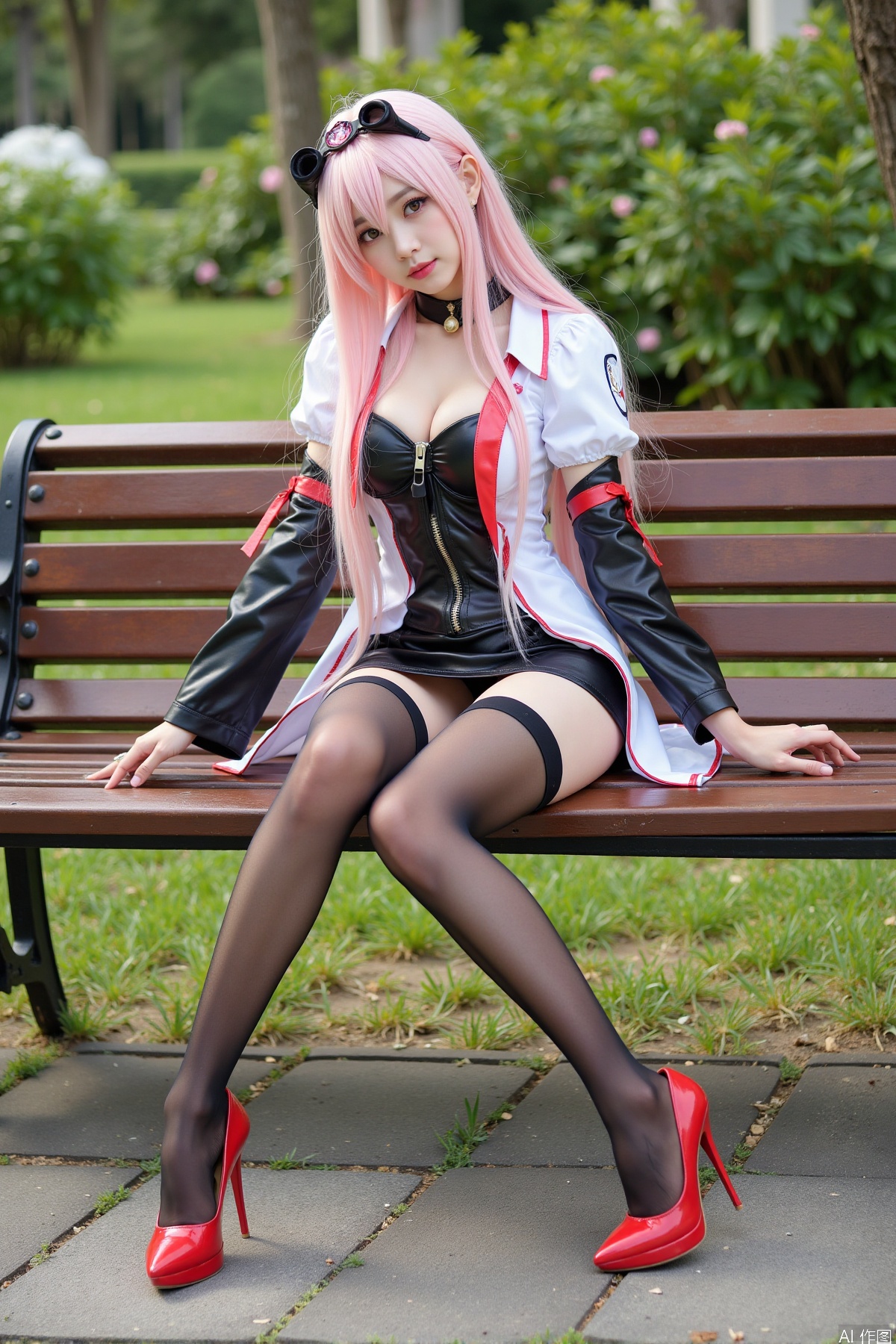 Realistic photo, one young woman, long hair, fair skin, big breasts, cosplay costume, short leather skirt, stockings, red high heels, full body, sitting, bench, garden,